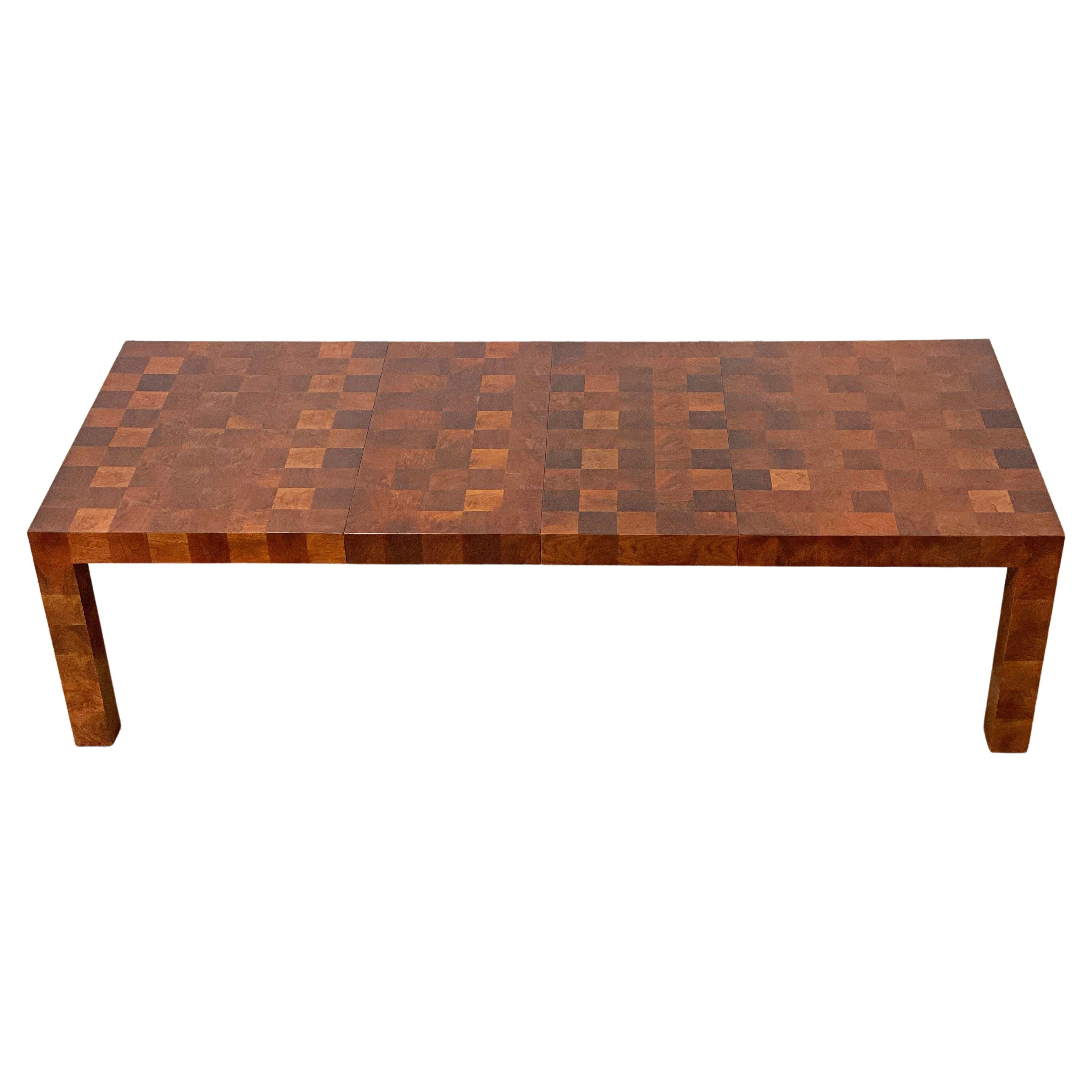 Exceptional patchwork or parquet butt walnut Parsons dining table by Milo Baughman for Thayer Coggin - Model 3527. Stunning in person and commands attention - sure to be the statement piece to anchor a room. 