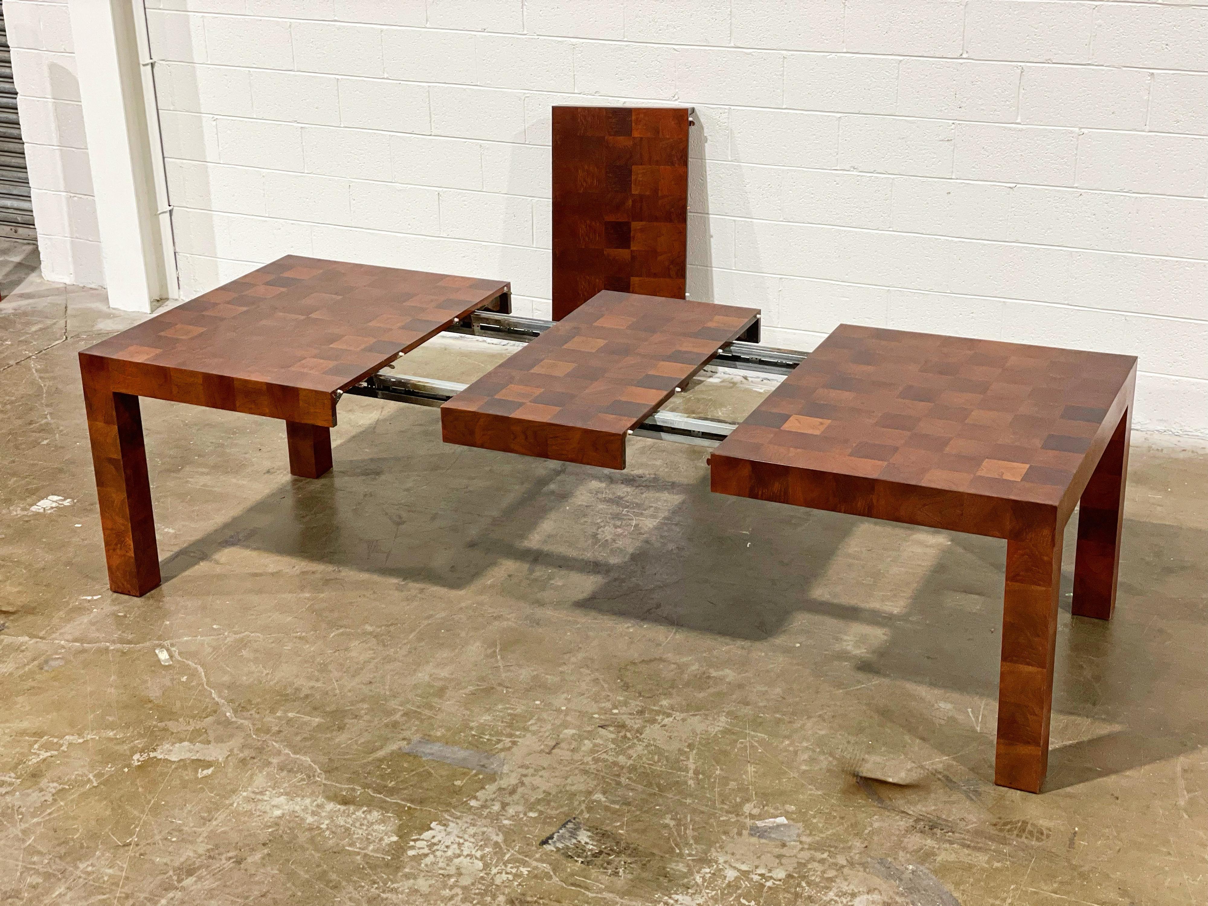 American Milo Baughman for Thayer Coggin Parsons Dining Table in Patchwork Walnut Burl