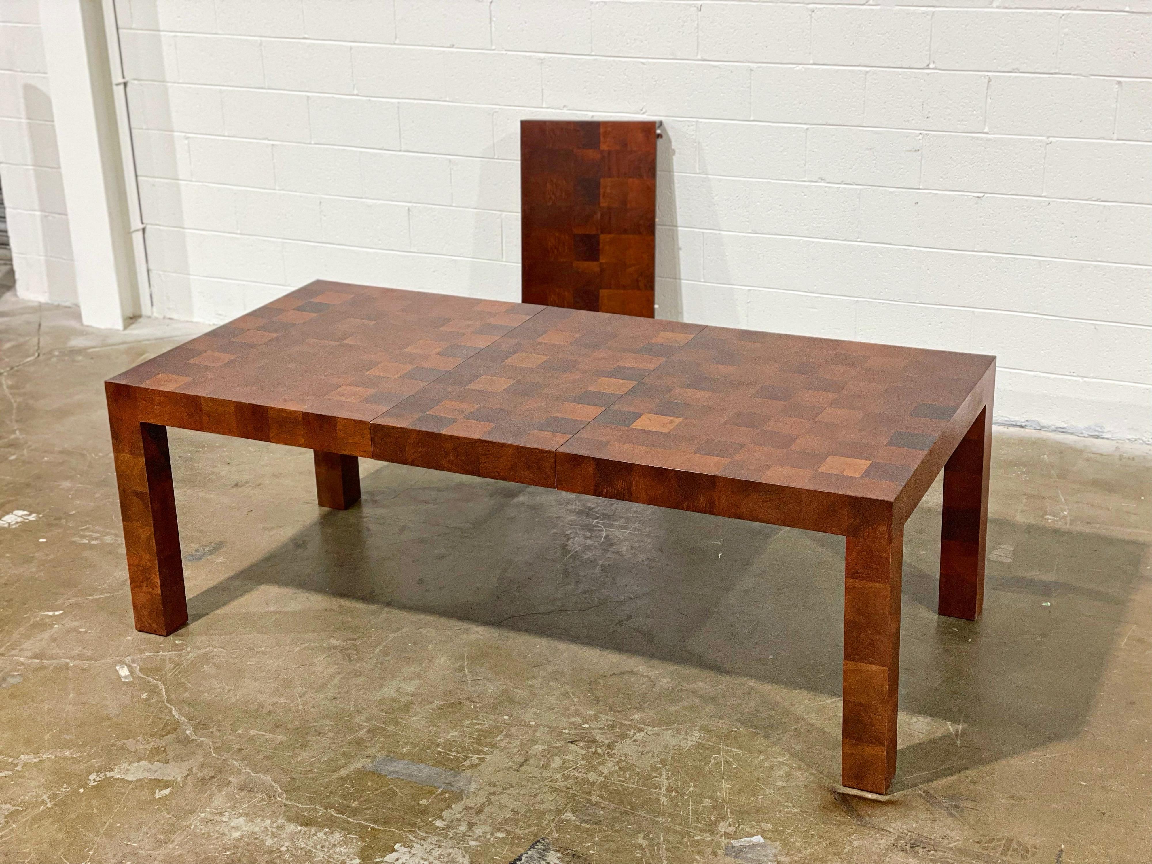 Parquetry Milo Baughman for Thayer Coggin Parsons Dining Table in Patchwork Walnut Burl
