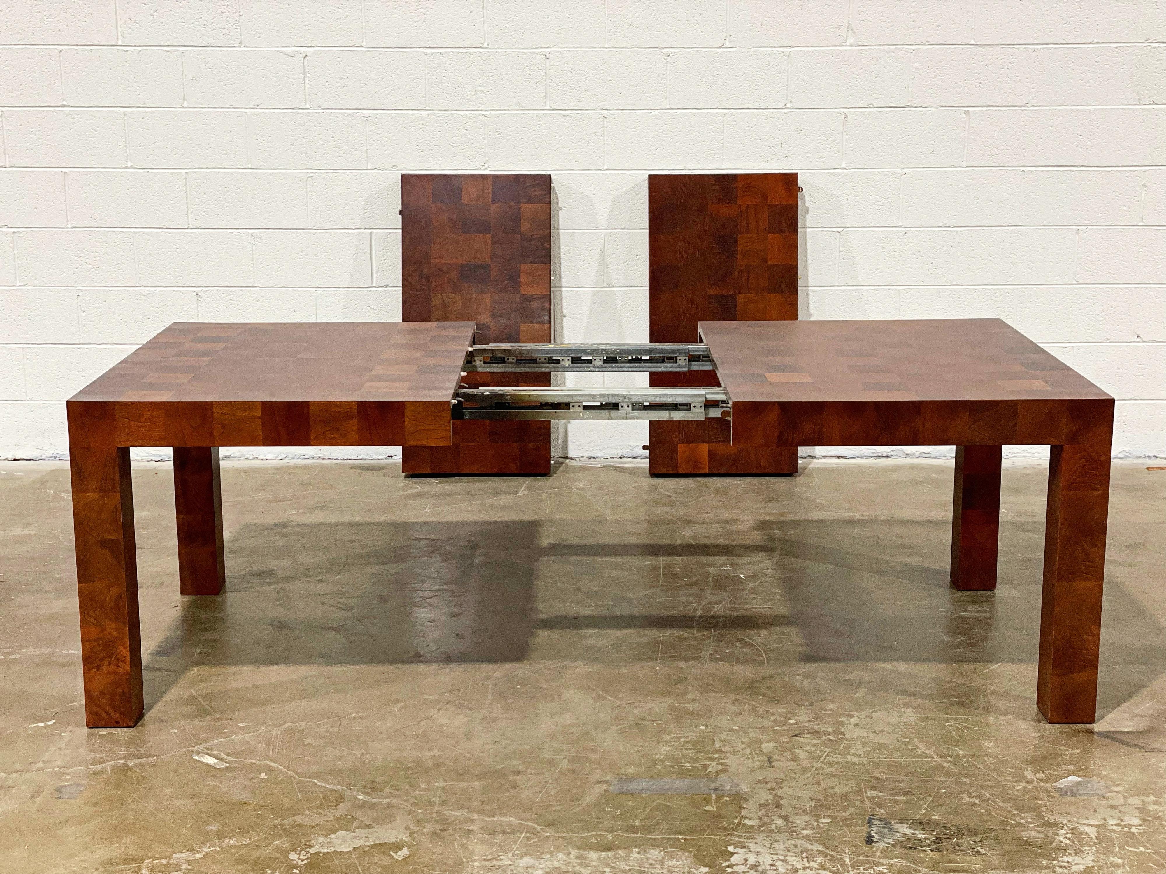 Milo Baughman for Thayer Coggin Parsons Dining Table in Patchwork Walnut Burl 1