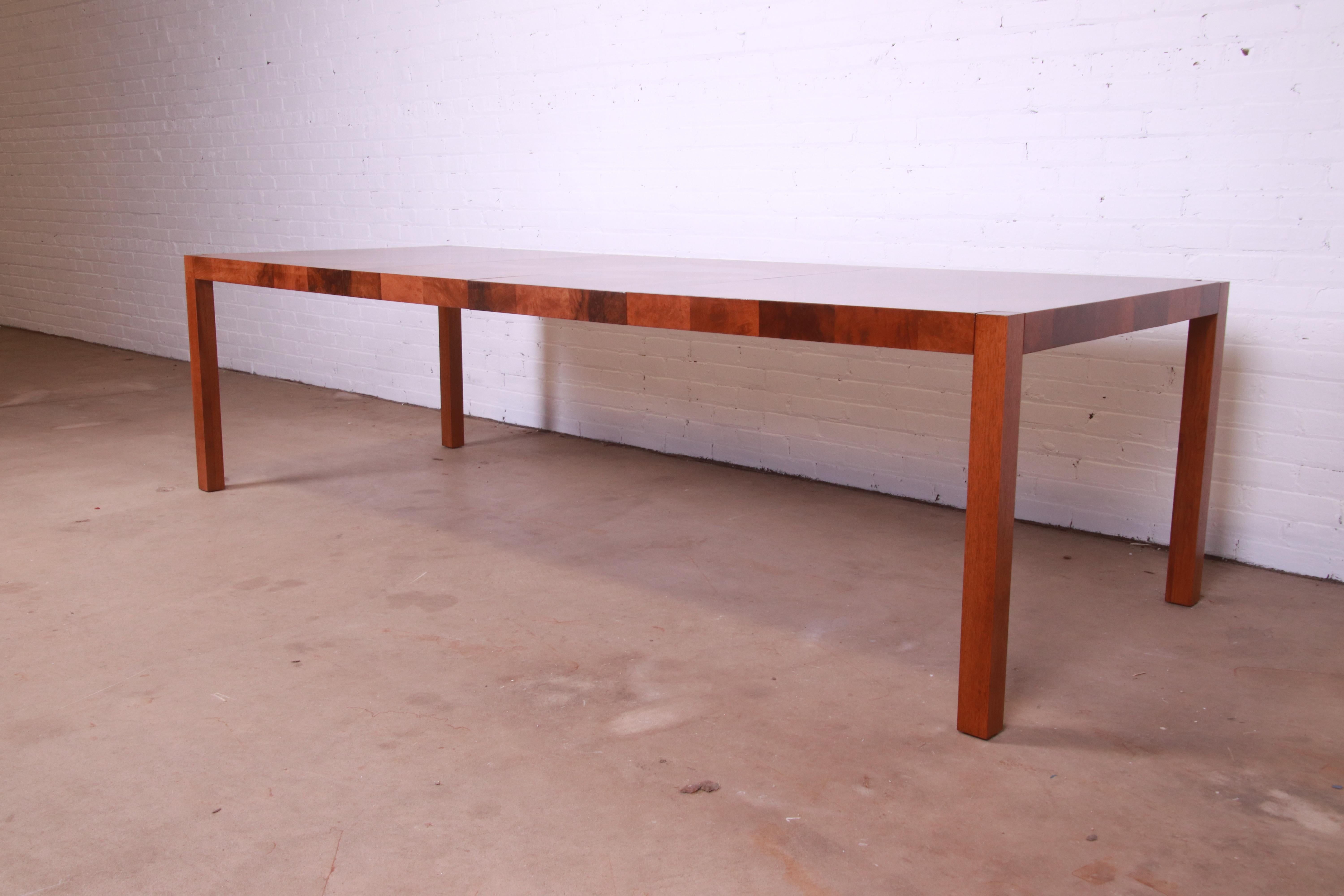 Milo Baughman for Thayer Coggin Patchwork Burl Wood Dining Table, Refinished In Good Condition In South Bend, IN