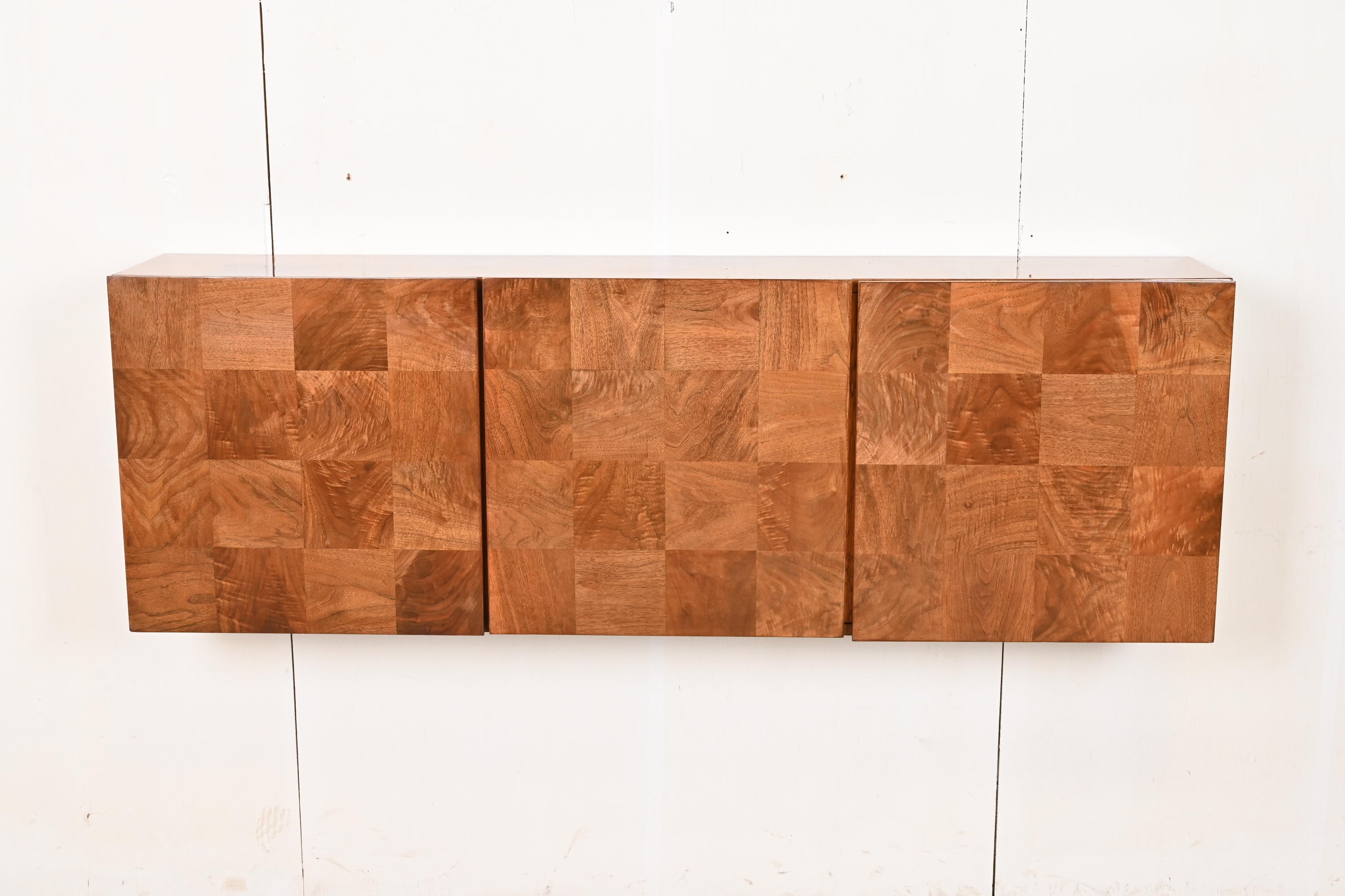 Mid-Century Modern Milo Baughman for Thayer Coggin Patchwork Burl Wood Floating Sideboard Credenza