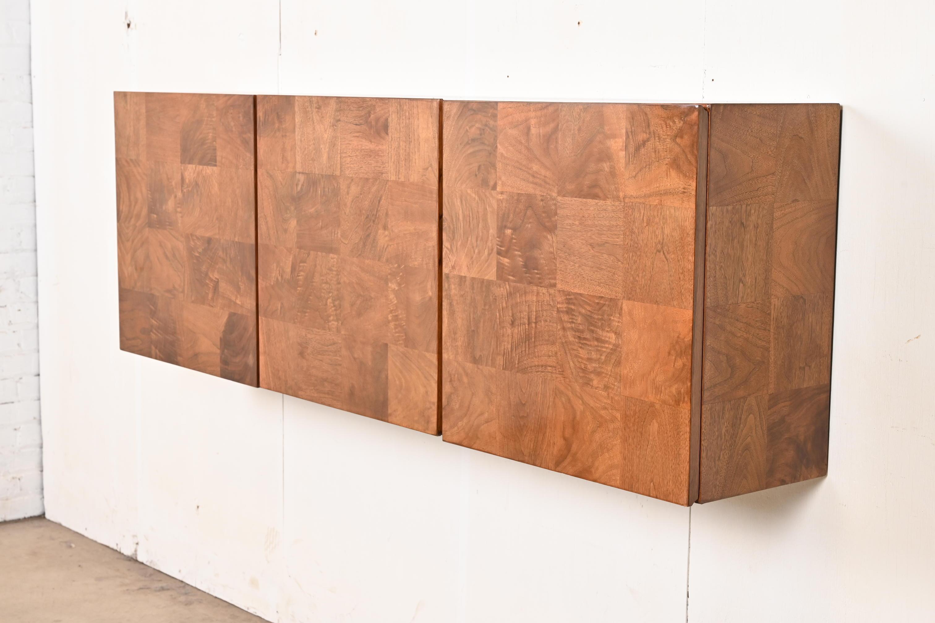 American Milo Baughman for Thayer Coggin Patchwork Burl Wood Floating Sideboard Credenza