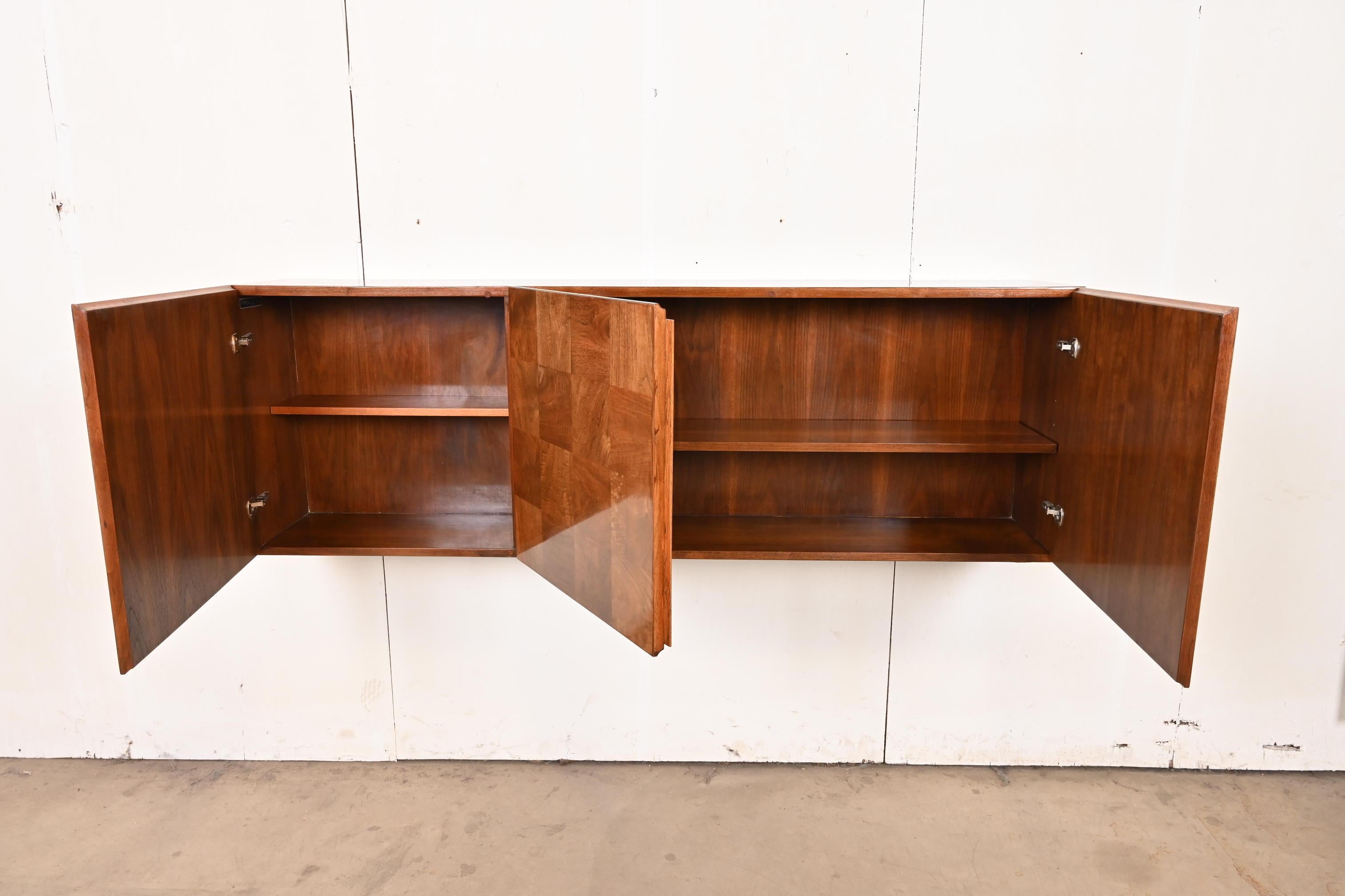 Milo Baughman for Thayer Coggin Patchwork Burl Wood Floating Sideboard Credenza 1