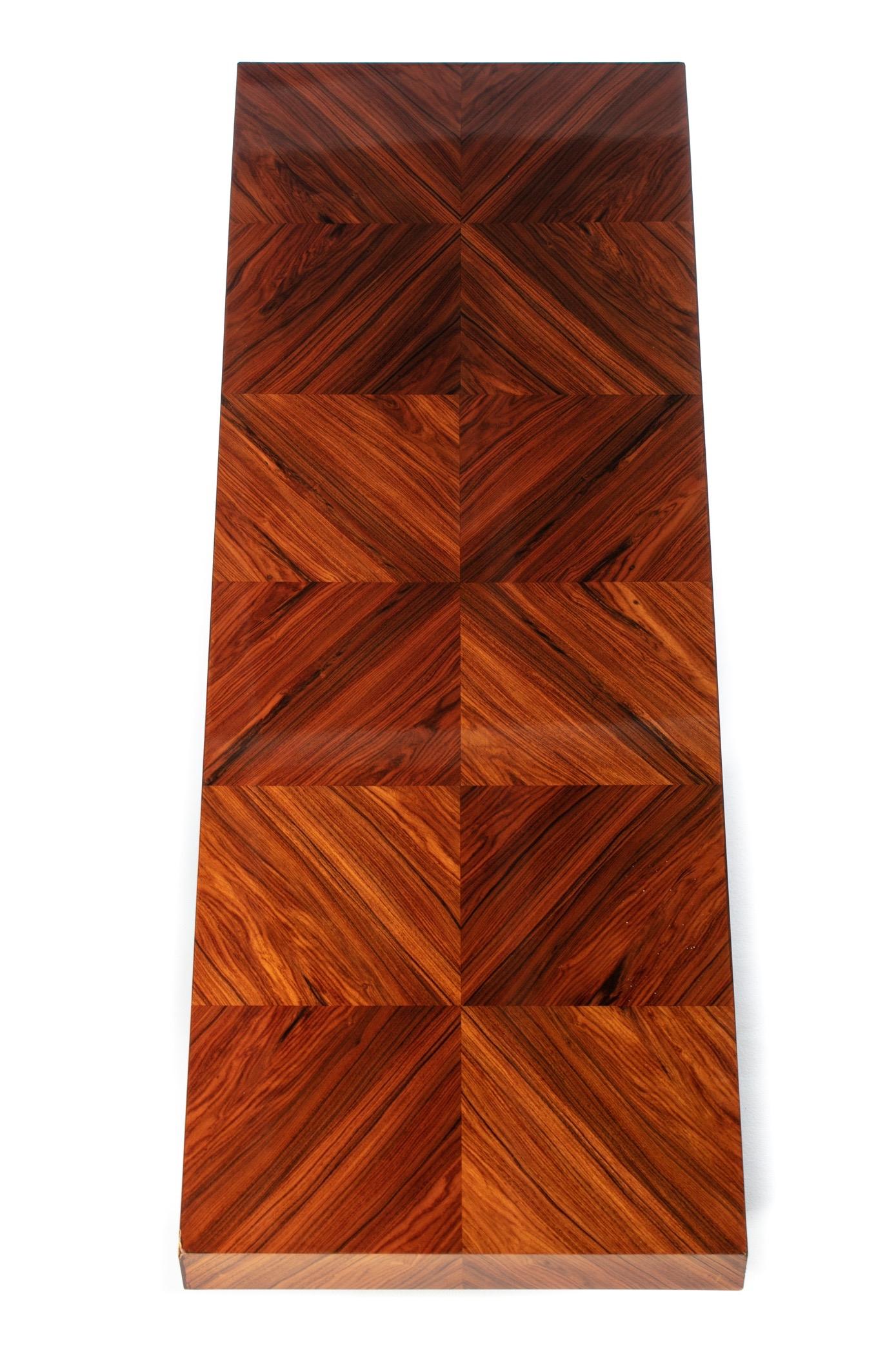 Sexy 1970s rosewood and mirror chrome console by Milo Baughman for Thayer Coggin. Part of the New Concept Collection. Rosewood square tiles set in place to create an interesting X pattern table top that's rich in both tone and grain detail. Chrome