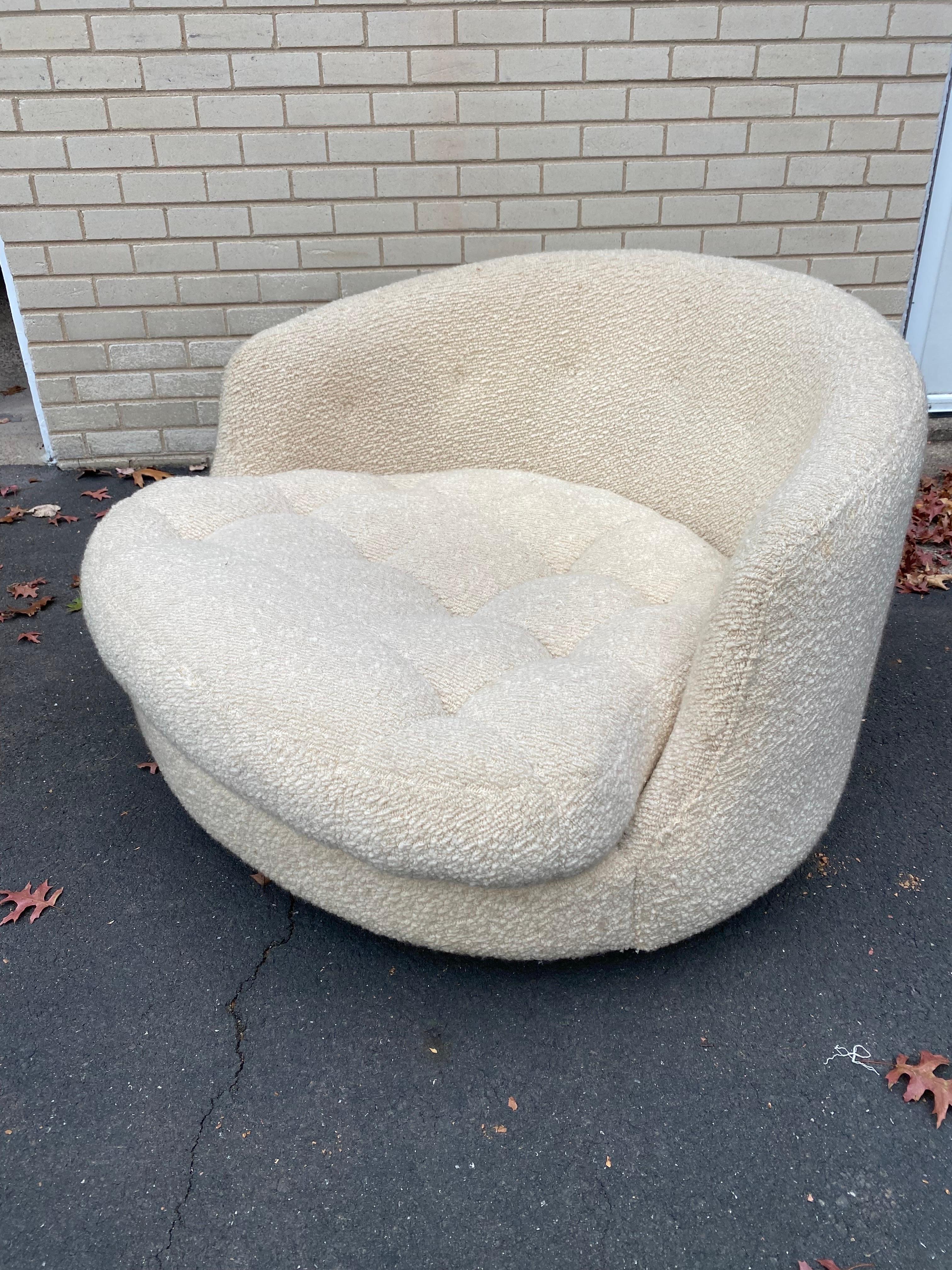Milo Baughman for Thayer Coggin Round Oversized Lounge chair in an ivory boucle!  Bought from the Original owners, chair is in great shape.  Grouping of period pillows included!  Chair sits great!  Lot's of room!  Ready for that party!