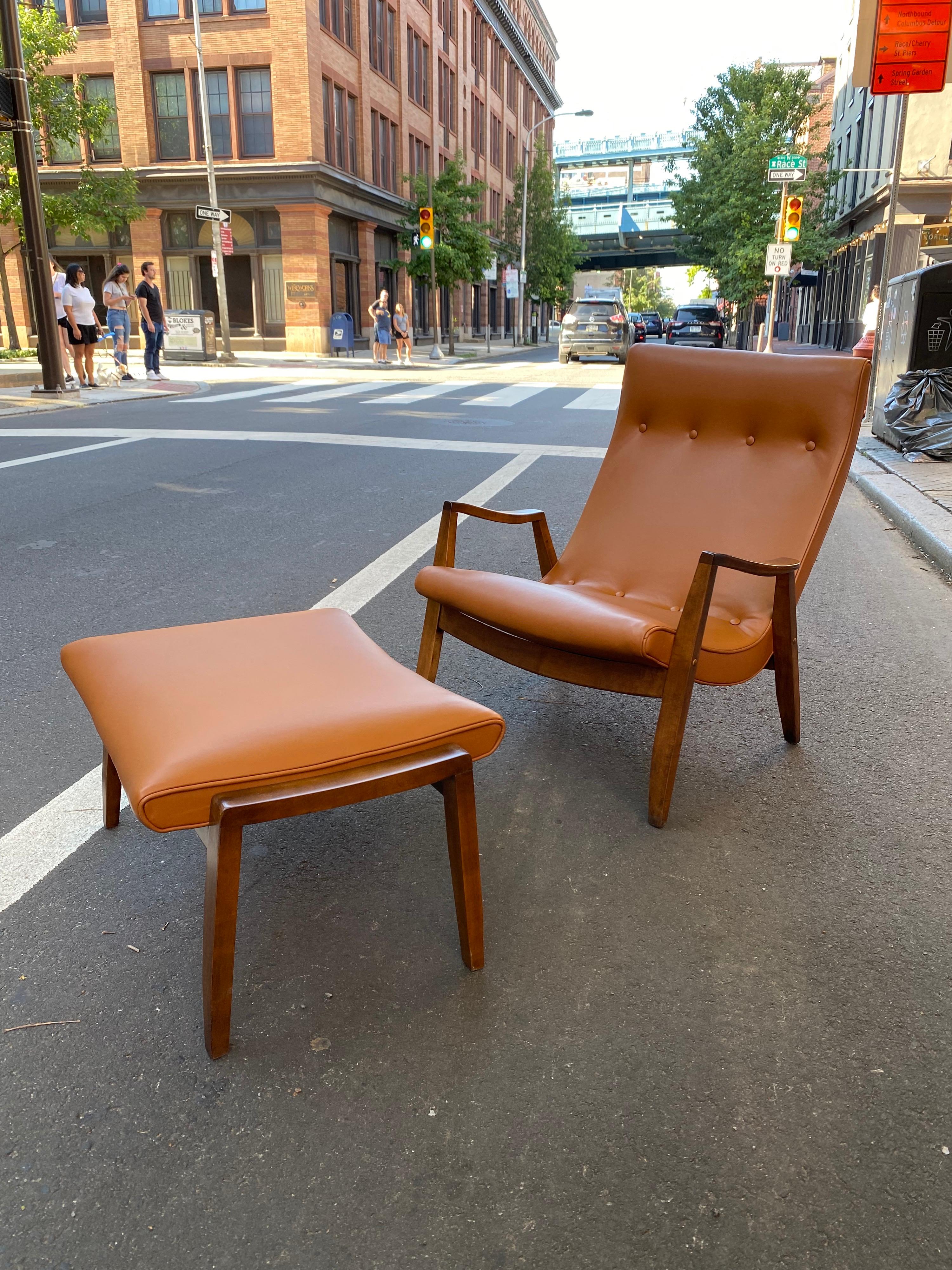 Milo Baughman for Thayer Coggin scoop chair and ottoman in brown leather. Crazy comfortable chair! This is one chair that really needs an ottoman! Retains original label to bottom of ottoman. Walnut frame has been re-glued and refinished! Ottoman