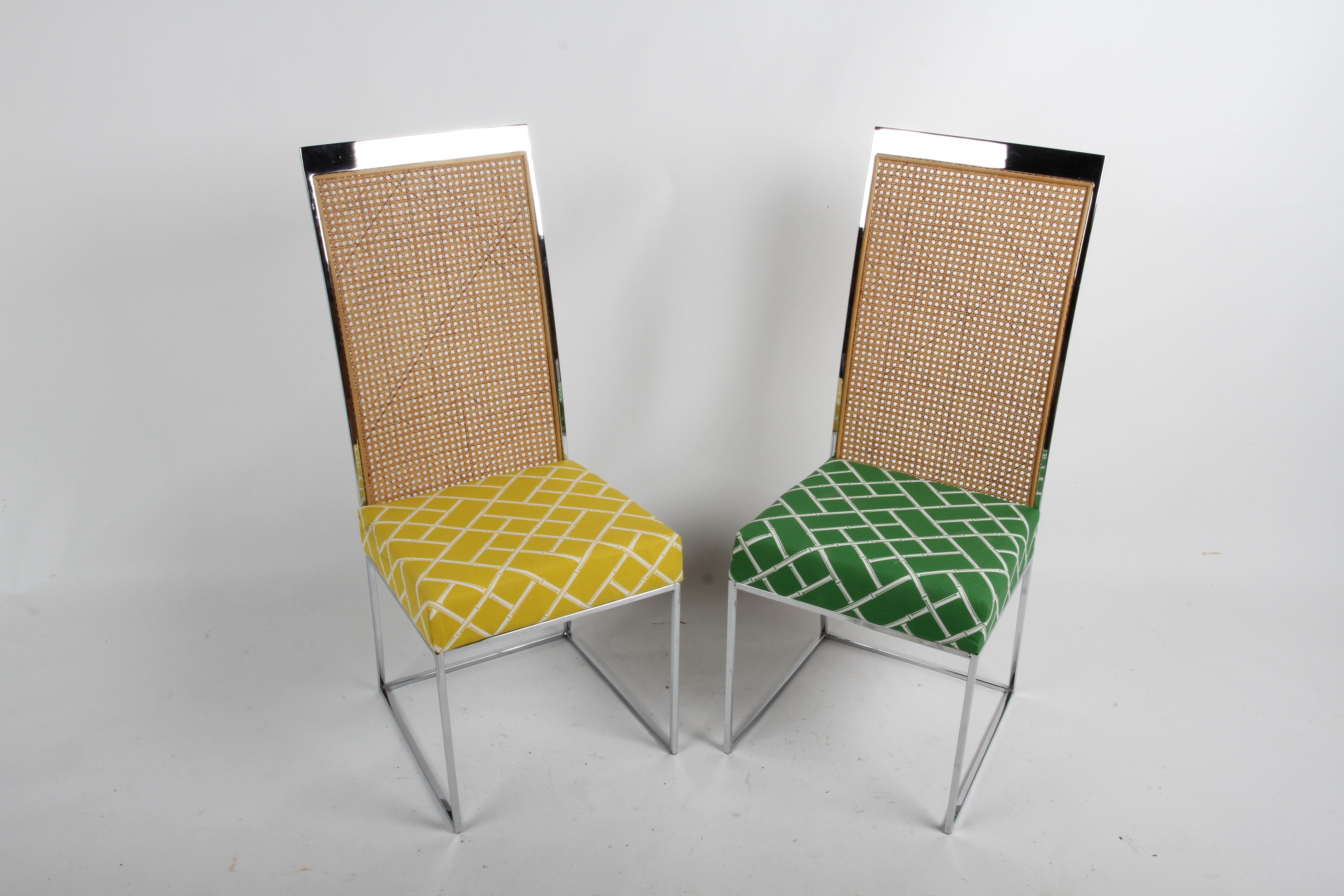 Sleek Mid-Century Modern set of eight chrome & cane back side dining chairs designed by Milo Baughman for Thayer Coggin circa 1970s. Each chair having a thin simplistic chrome frame with cane rattan high backs and upholstered seat cushions. The