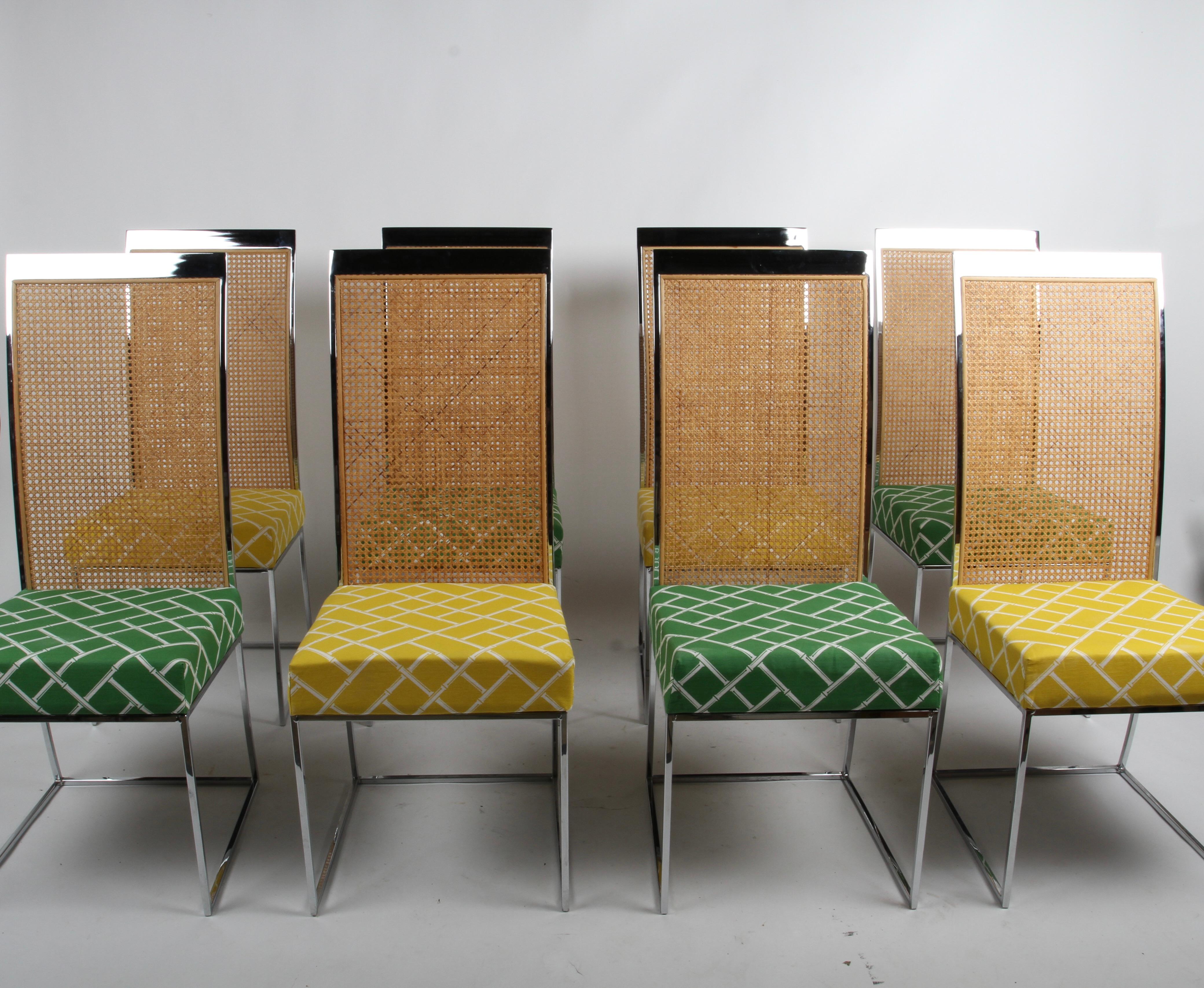 Américain Ensemble de 8 chaises de salle à manger en chrome et rotin des années 1970 de Milo Baughman pour Thayer Coggin en vente