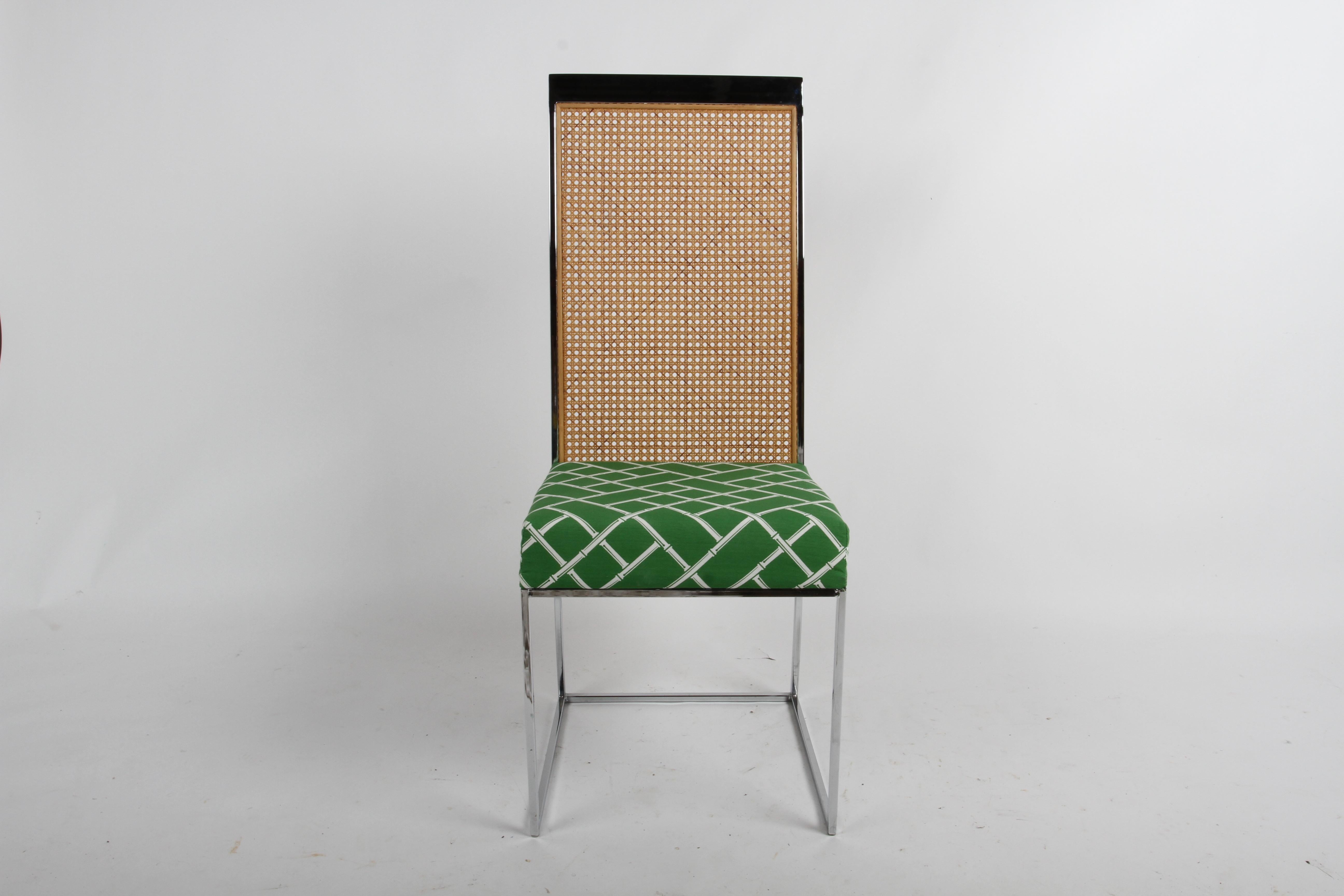 Milo Baughman for Thayer Coggin Set of 8 1970s Chrome & Rattan Dining Chairs In Good Condition For Sale In St. Louis, MO