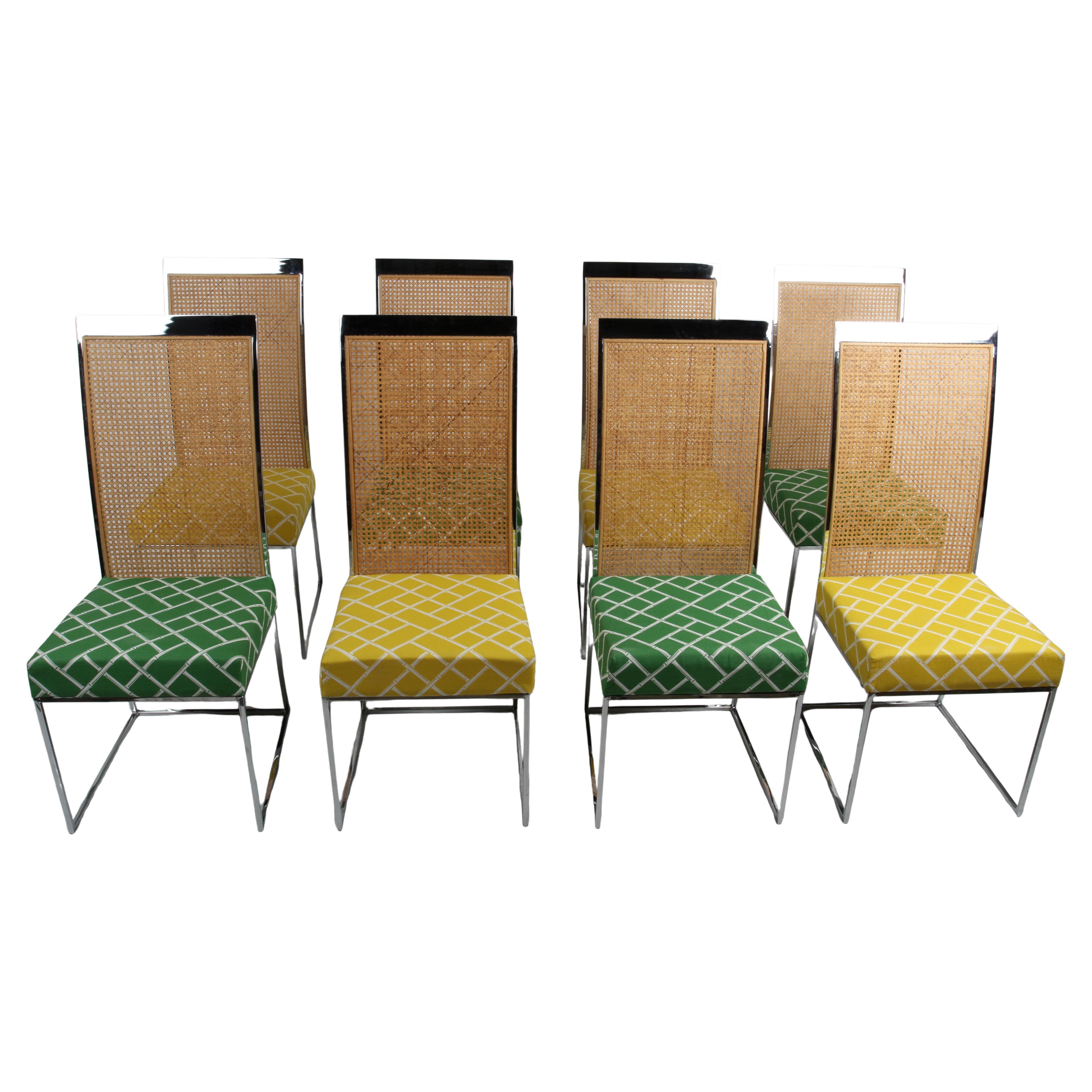 Milo Baughman for Thayer-Coggin - Set of 8 - 1970s Chrome & Rattan Dining Chairs