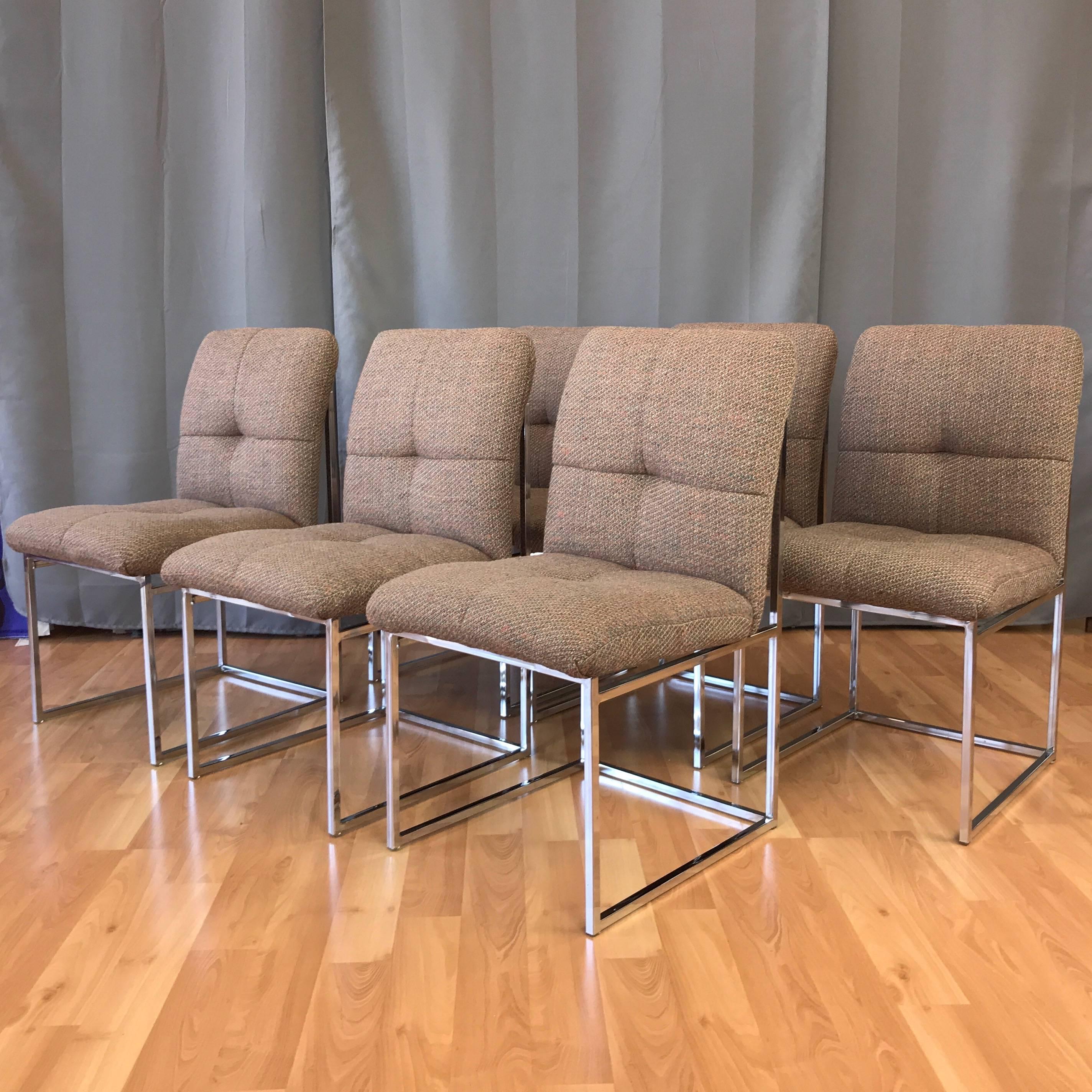 A set of six vintage no. 1187-110 dining or side chairs by Milo Baughman for Thayer Coggin.

Perfectly proportioned polished stainless steel frame features thin geometric lines. Ergonomically angled seat in subdued multi-color original upholstery