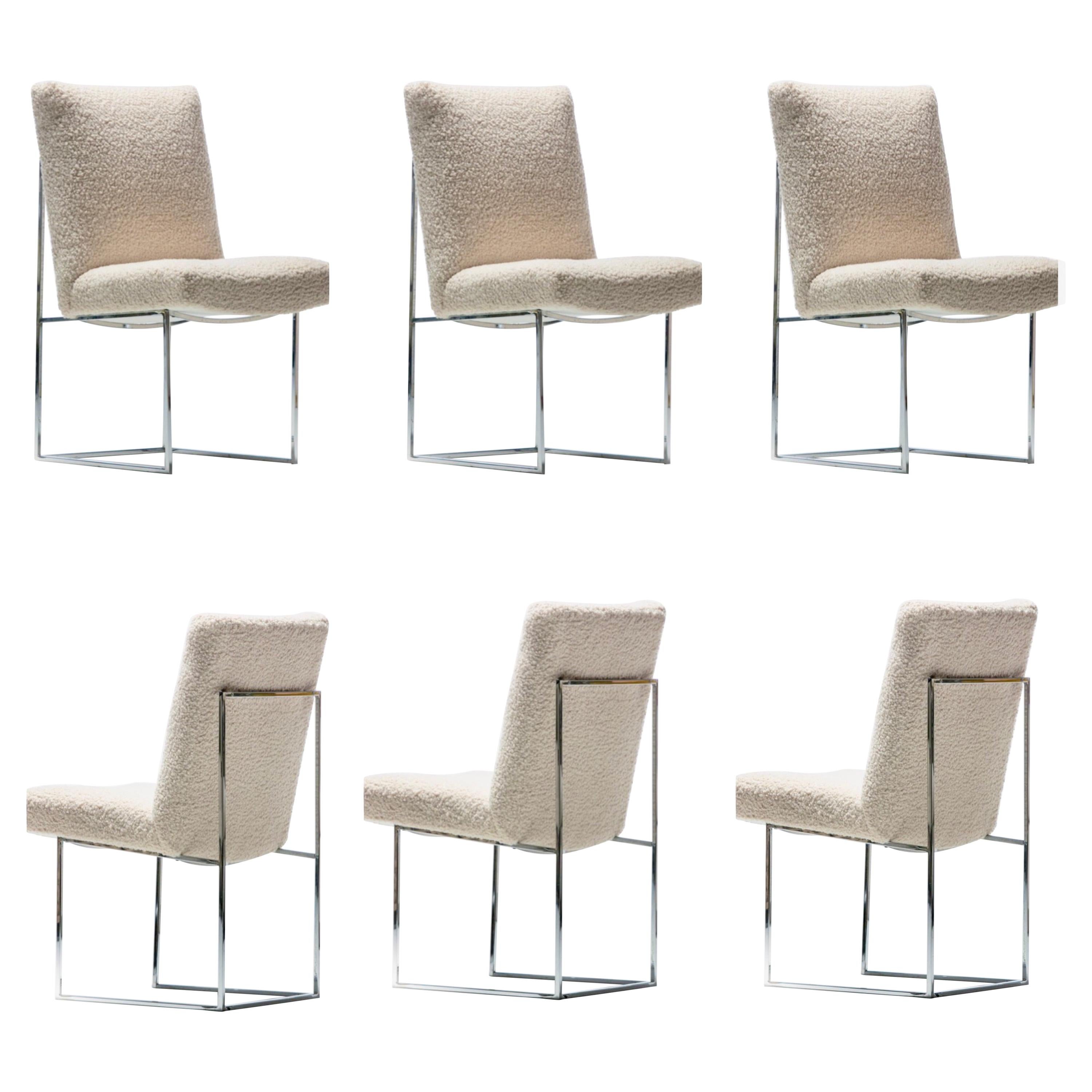 Milo Baughman for Thayer Coggin Set of Six Dining Chairs in Ivory Bouclé