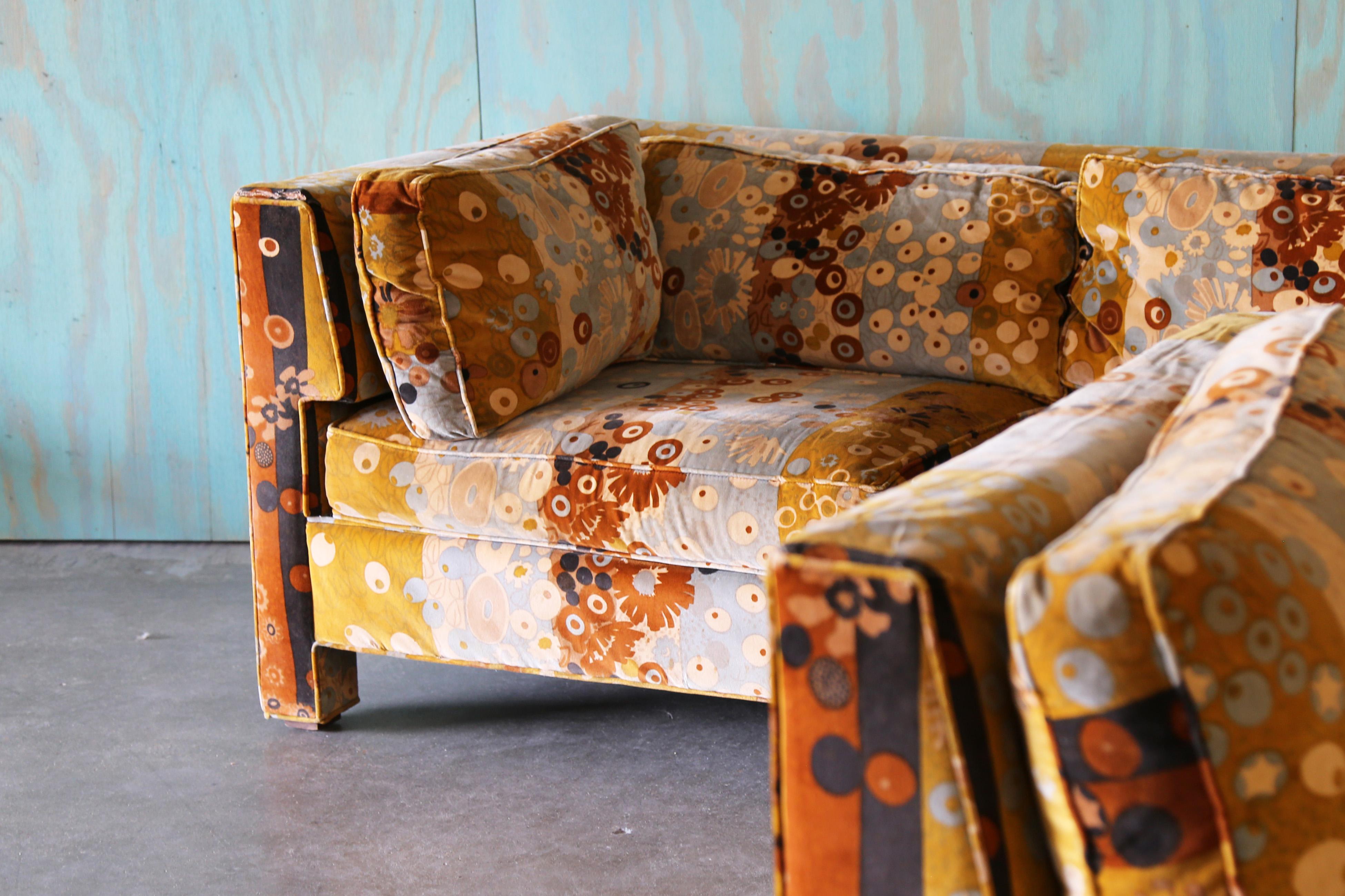 Mid-Century Modern Milo Baughman for Thayer Coggin Sofa and Loveseat Jack Lenor Larsen Primavera For Sale