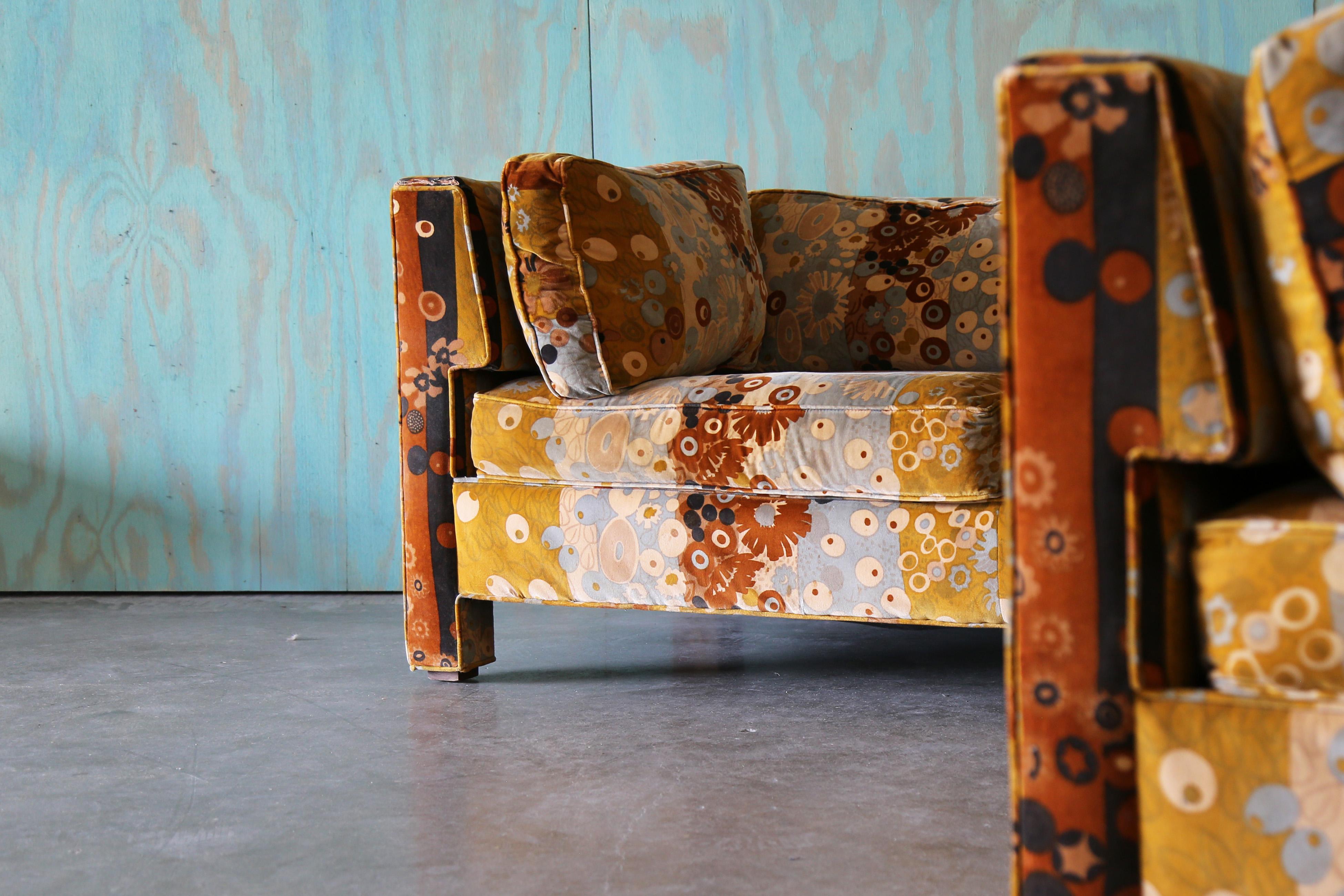 American Milo Baughman for Thayer Coggin Sofa and Loveseat Jack Lenor Larsen Primavera For Sale