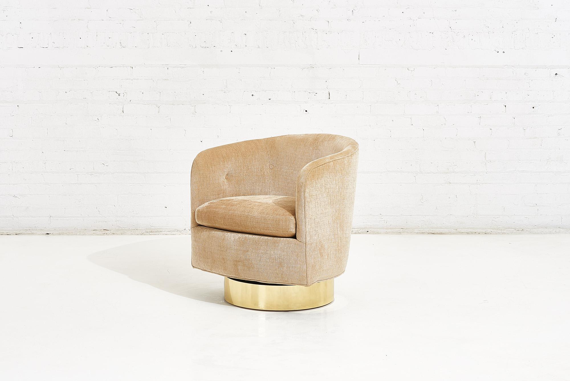 Milo Baughman for Thayer Coggin swivel chair with brass base, circa 1970’s. Original upholstery, new brass on base.
