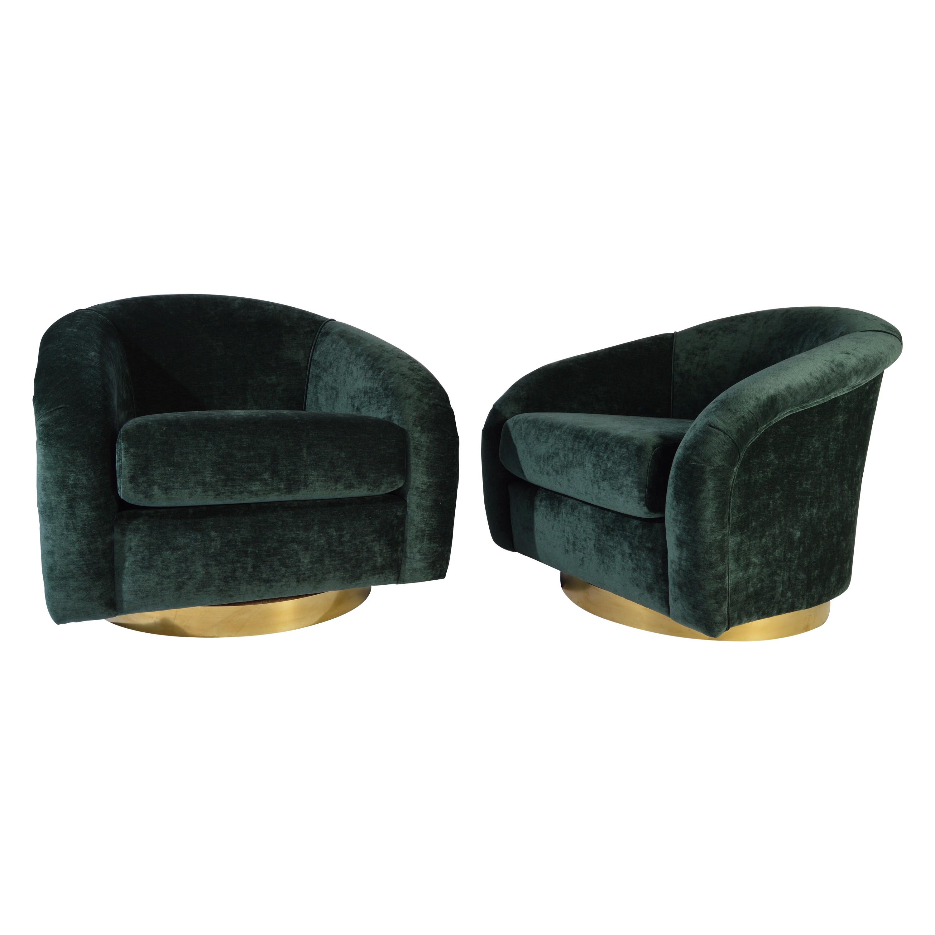 Jay Spectre Swivel Club Chairs with Solid Brass Sheet Bases