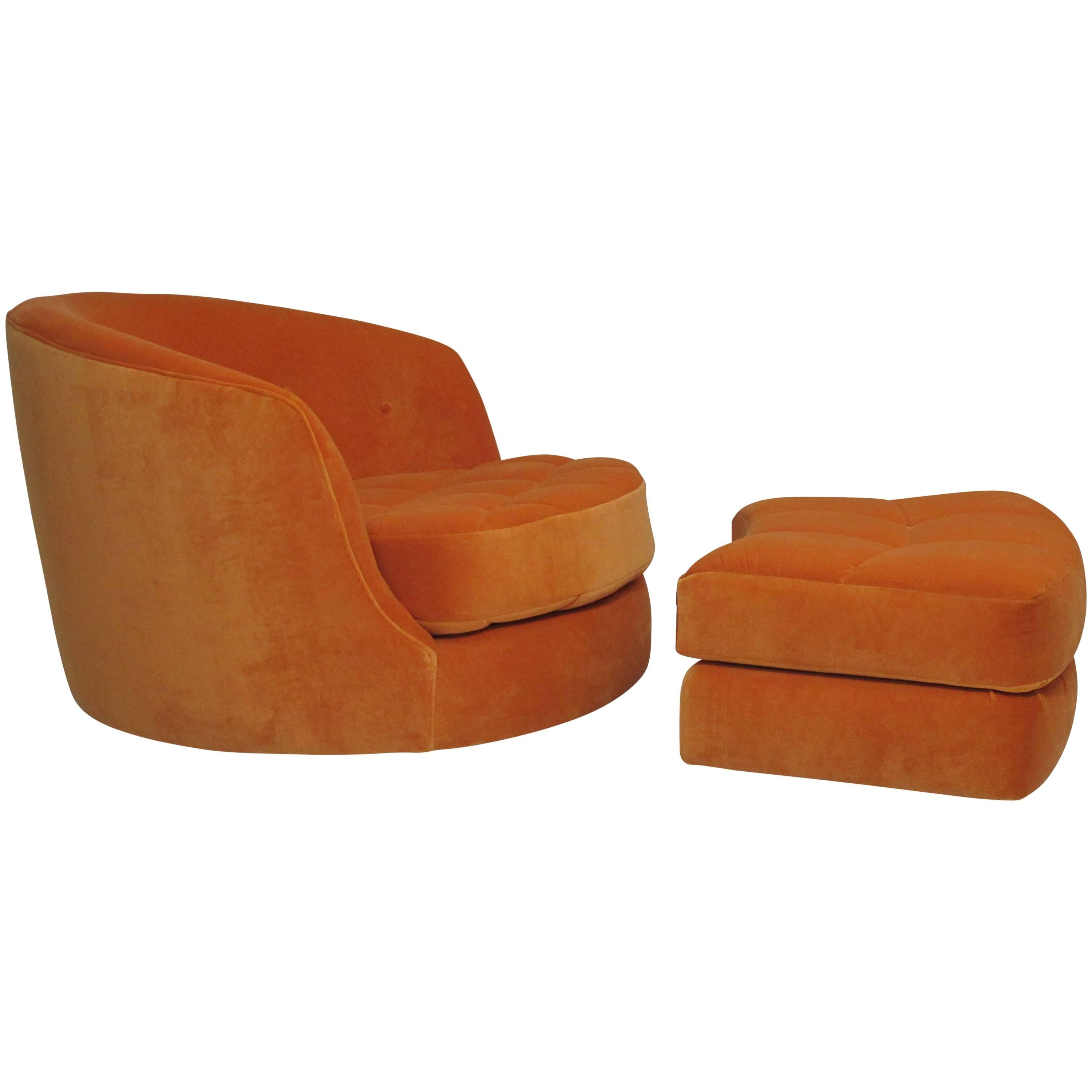 Licensed original swivel lounge chair designed by Milo Baughman for Thayer Coggin in 1965 available in COM. 
Requires 18 yards of fabric. Includes one, 24 x 24 inch pillow and one 18 x 18 inch pillow, plus ottoman with recessed casters. Ottoman