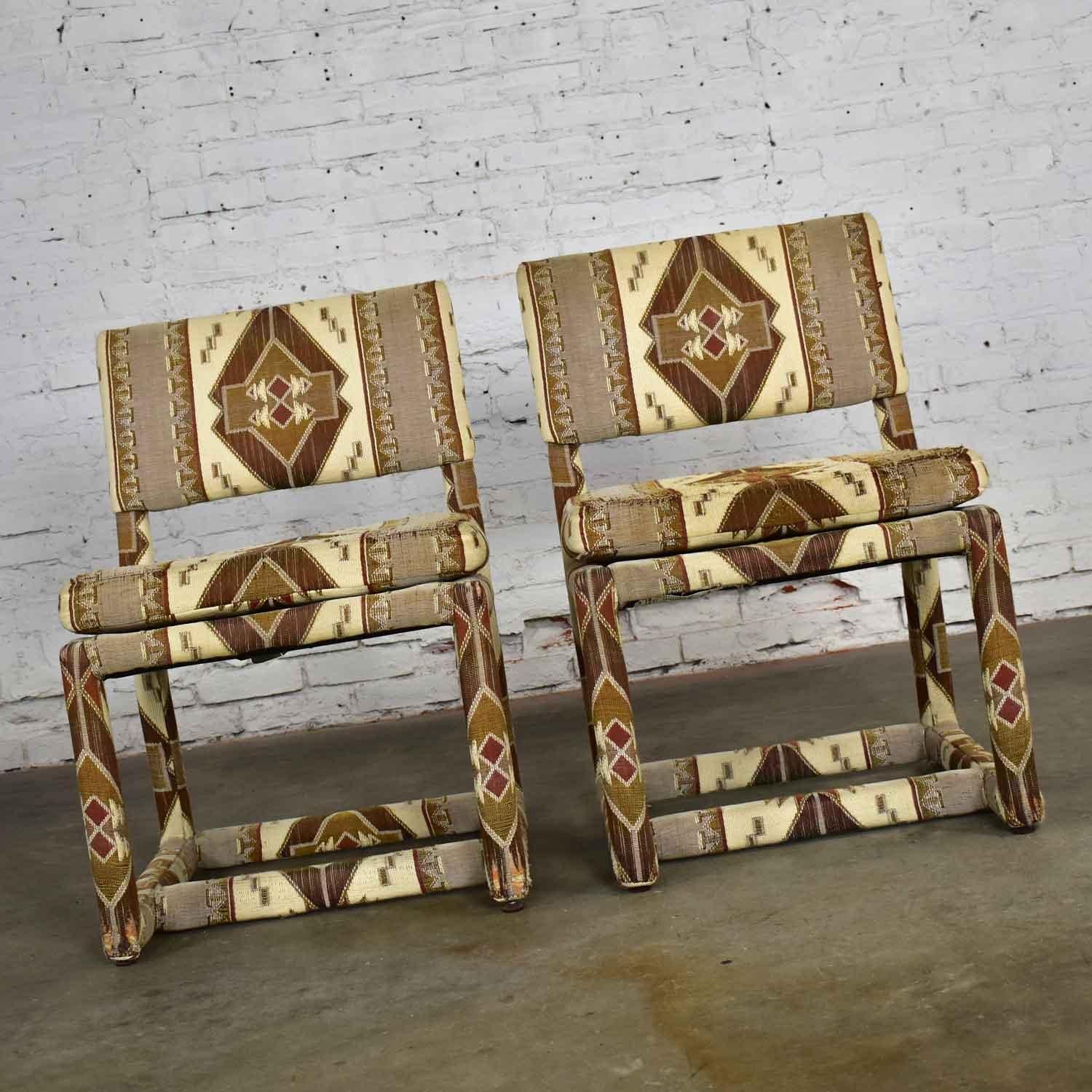 Milo Baughman for Thayer Coggin Tribal Print Upholstered Parsons Chairs a Pair 3