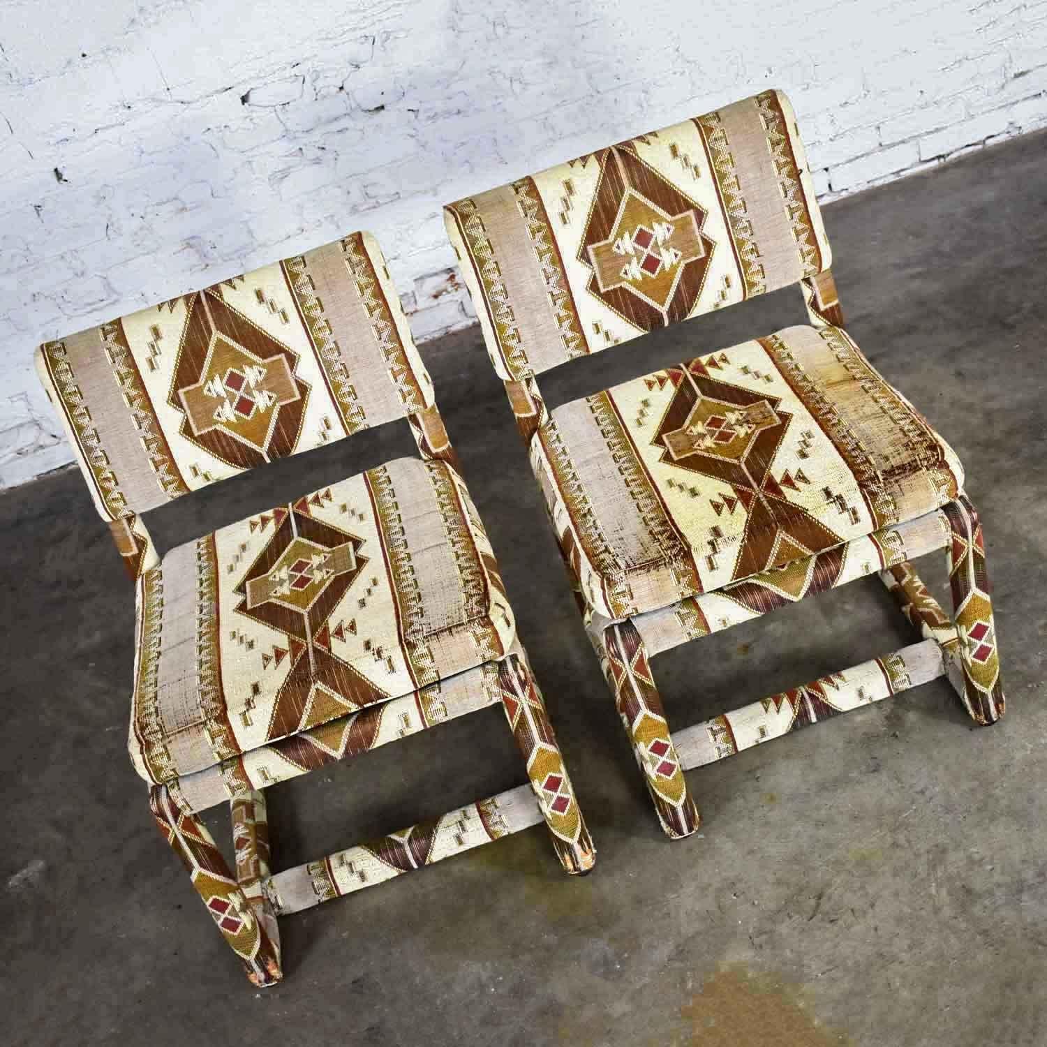 Milo Baughman for Thayer Coggin Tribal Print Upholstered Parsons Chairs a Pair 6