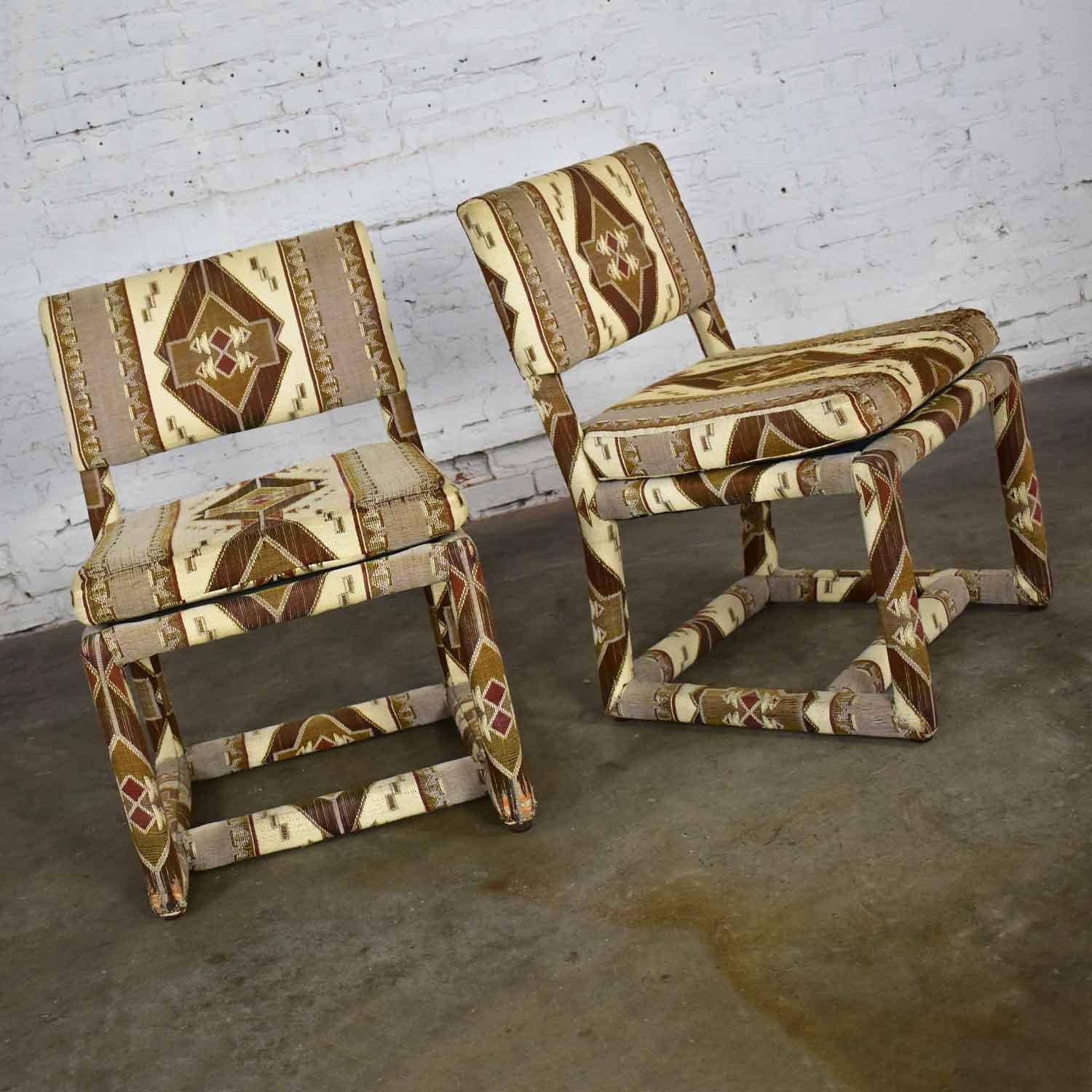 Milo Baughman for Thayer Coggin Tribal Print Upholstered Parsons Chairs a Pair 9
