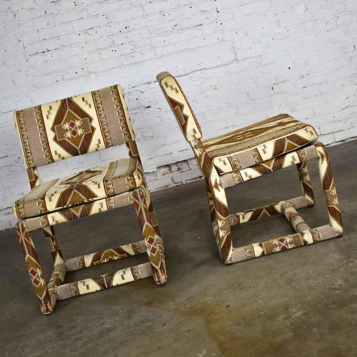 Modern Milo Baughman for Thayer Coggin Tribal Print Upholstered Parsons Chairs a Pair