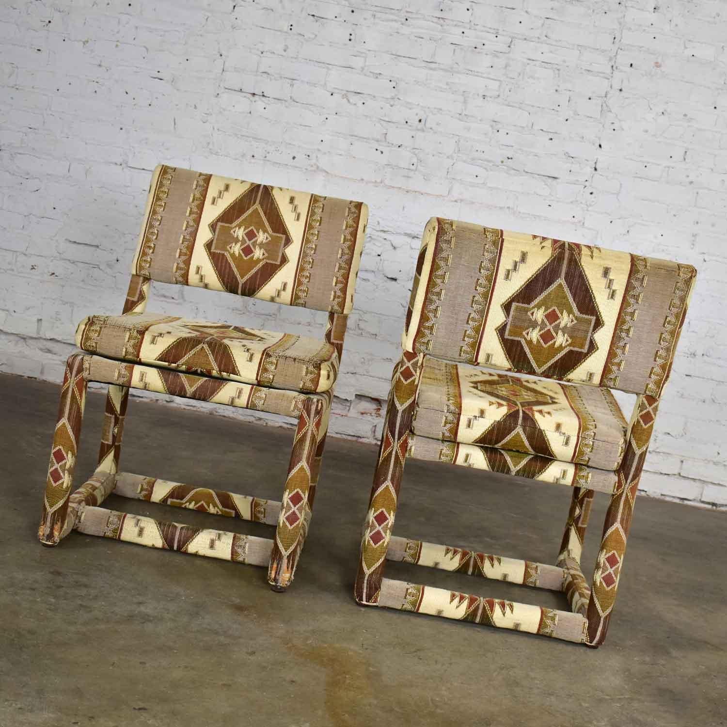 American Milo Baughman for Thayer Coggin Tribal Print Upholstered Parsons Chairs a Pair