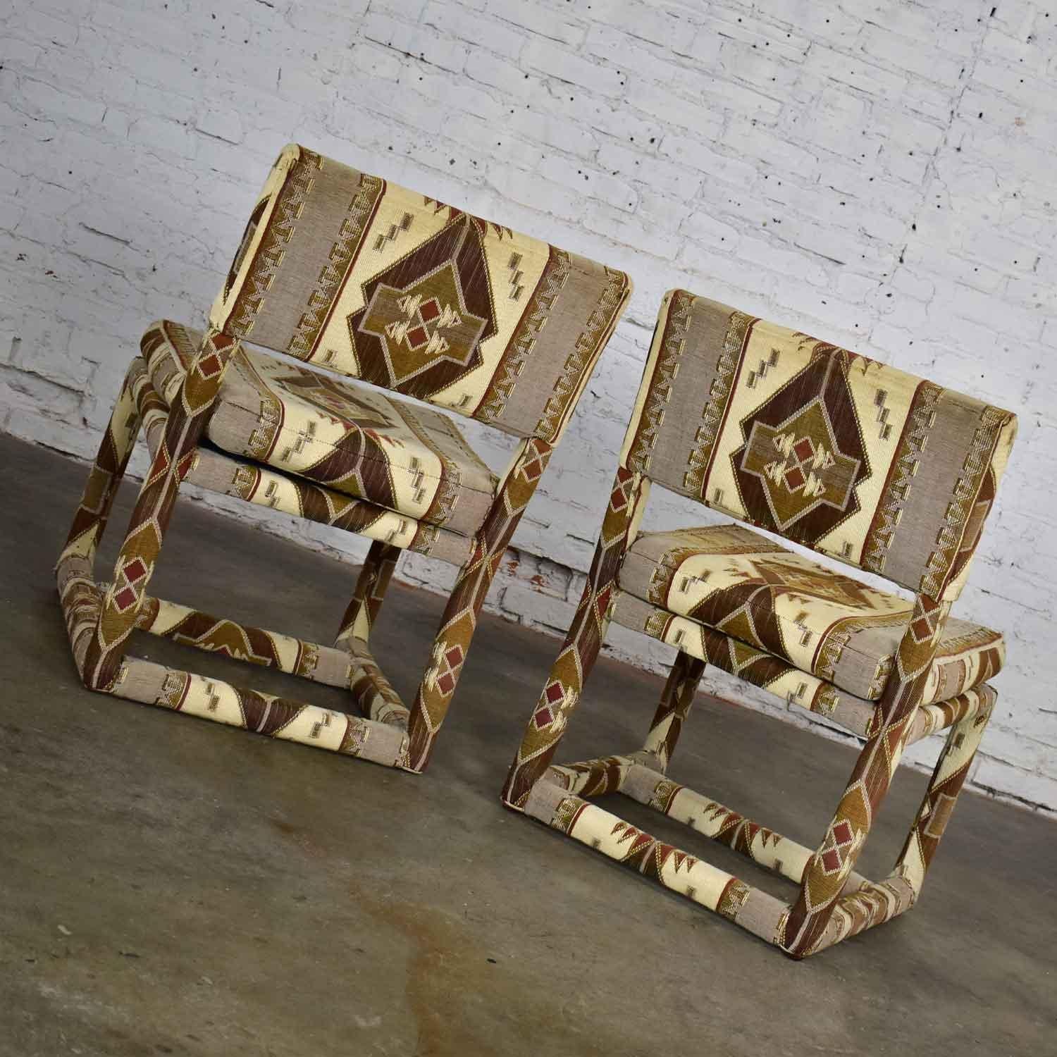 20th Century Milo Baughman for Thayer Coggin Tribal Print Upholstered Parsons Chairs a Pair