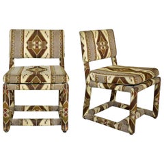 Milo Baughman for Thayer Coggin Tribal Print Upholstered Parsons Chairs a Pair