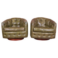 Milo Baughman for Thayer Coggin Tufted Barrel Back Swiveling Lounge Chairs, Pair