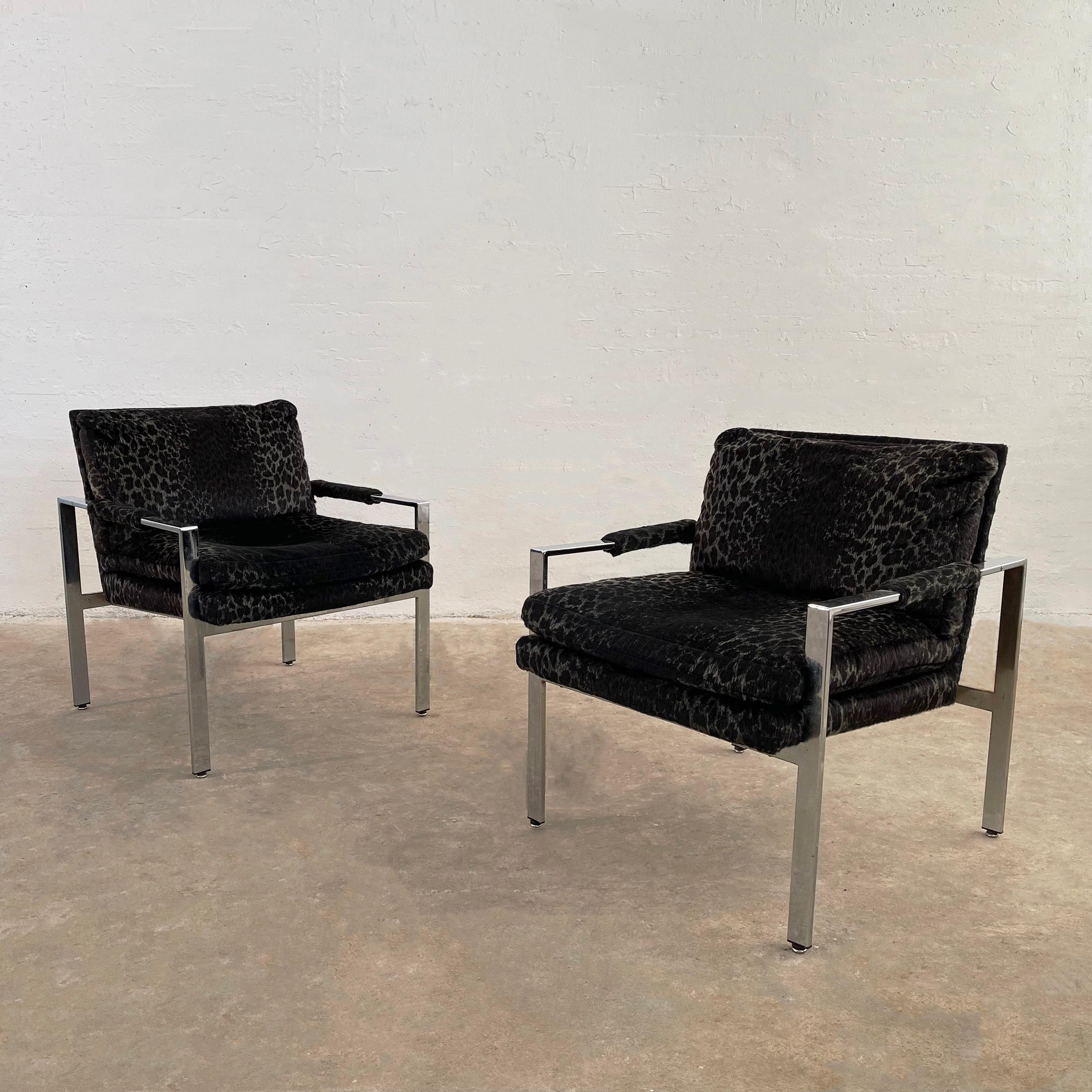 Pair of mid-century modern, lounge chairs by Milo Baughman for Thayer Coggin feature flat bar chrome, cube frames with black and gray leopard print velvet upholstery. These minimal chrome chairs are iconic Baughman design that are sleek from every