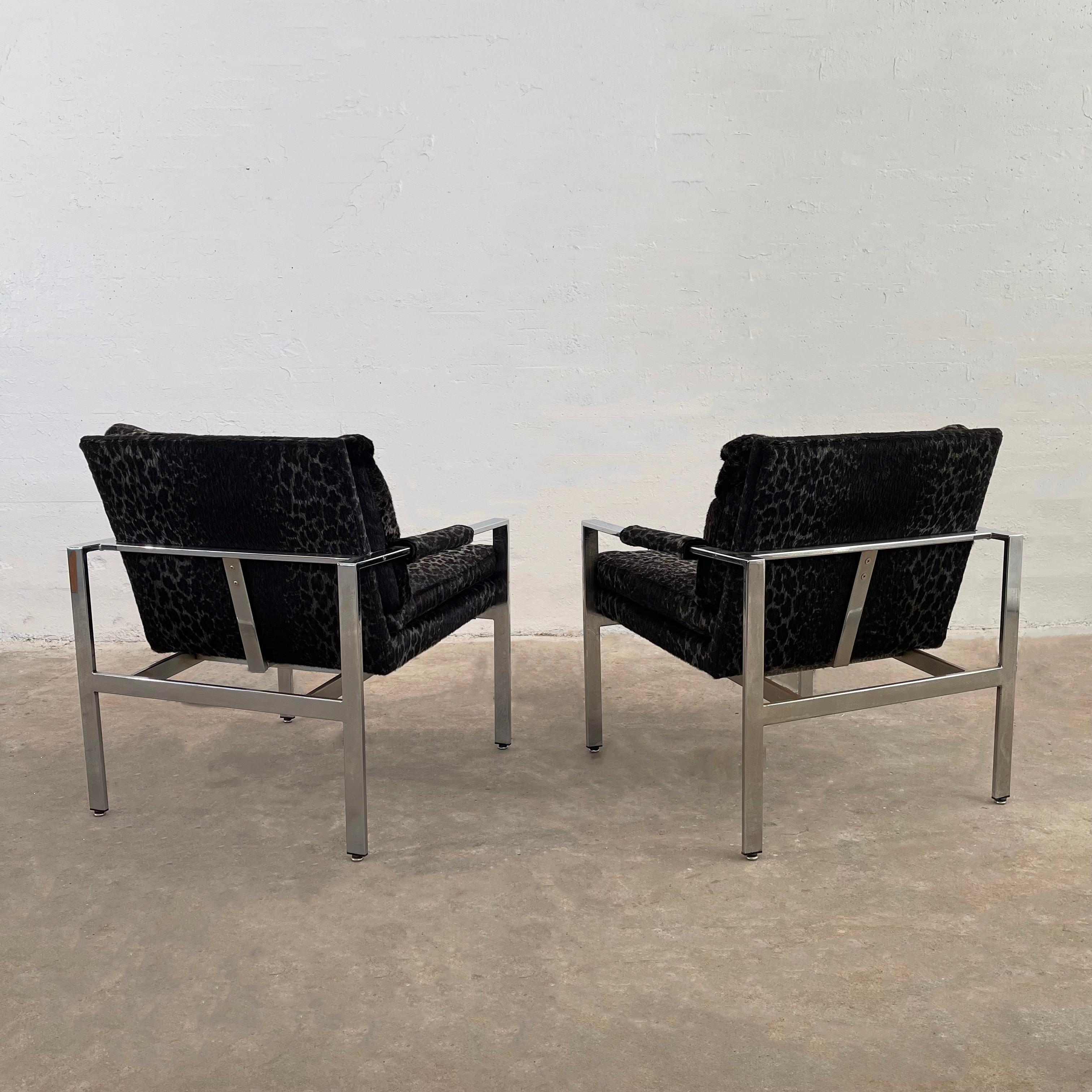 Velvet Milo Baughman For Thayer Coggin Upholstered Flat Bar Chrome Lounge Chairs For Sale