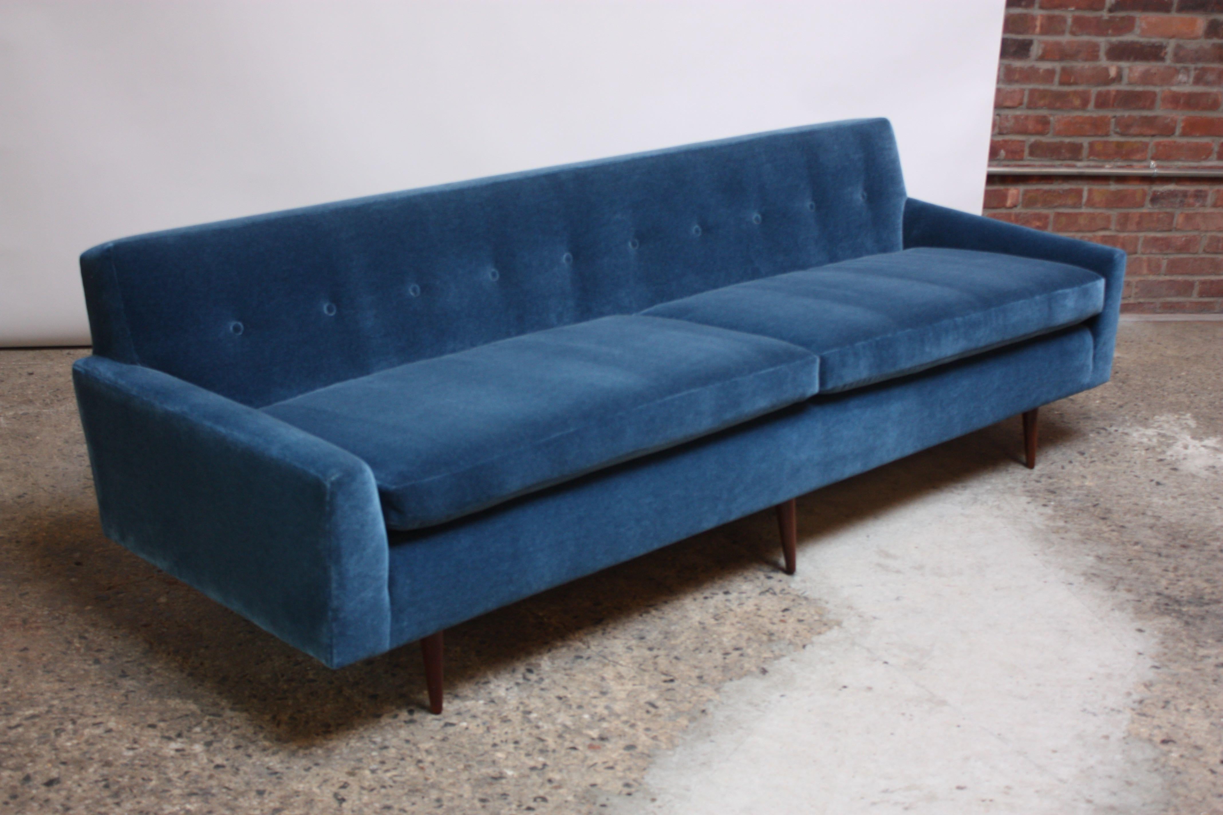 Milo Baughman for Thayer Coggin sofa newly reupholstered in luxurious blue mohair with brand new foam. Tufting / scale of cushion executed to mirror that of the original. Frame is supported by conical dowel legs (three in the front, three in the