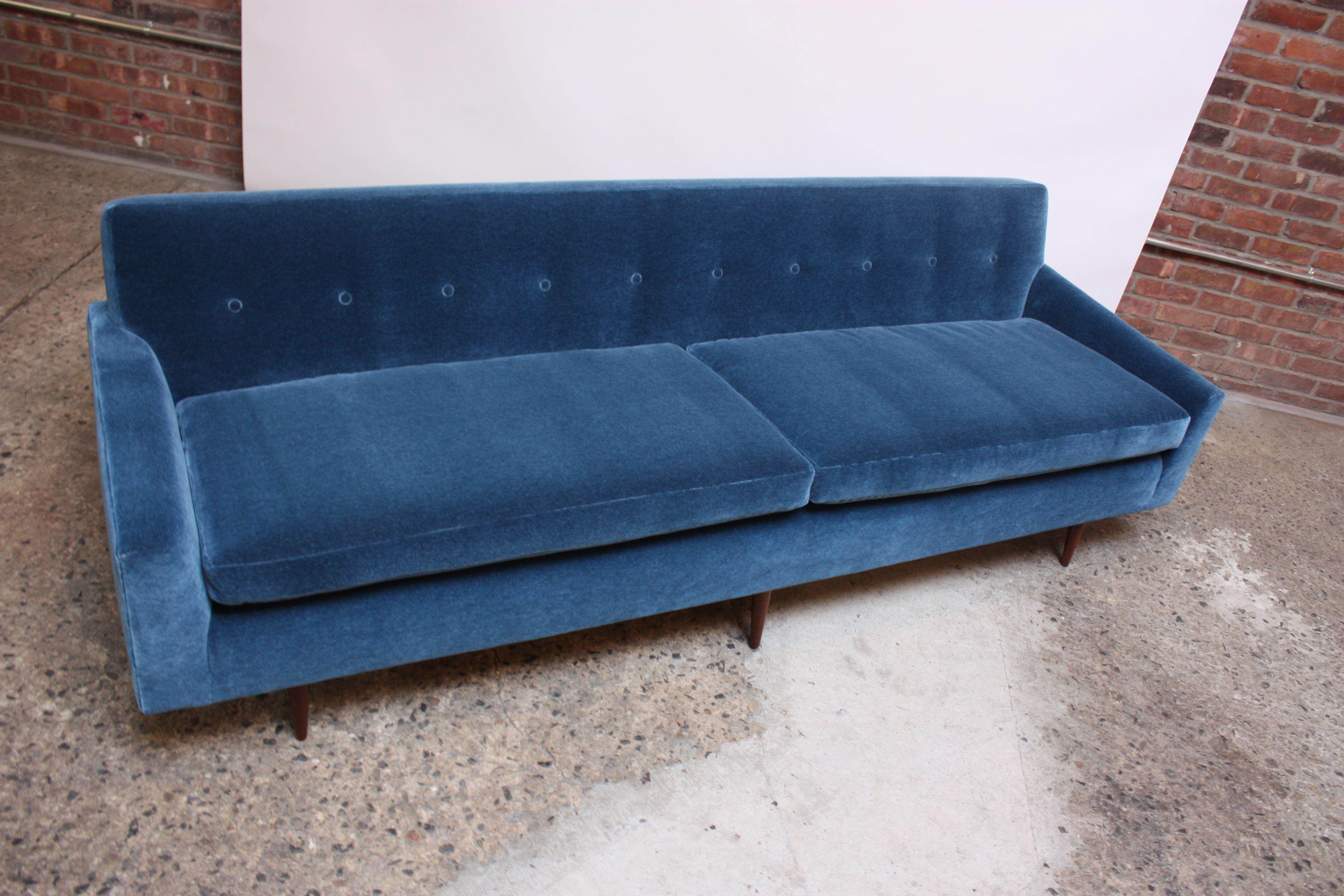 Milo Baughman for Thayer Coggin Walnut Sofa in Blue Mohair In Excellent Condition In Brooklyn, NY