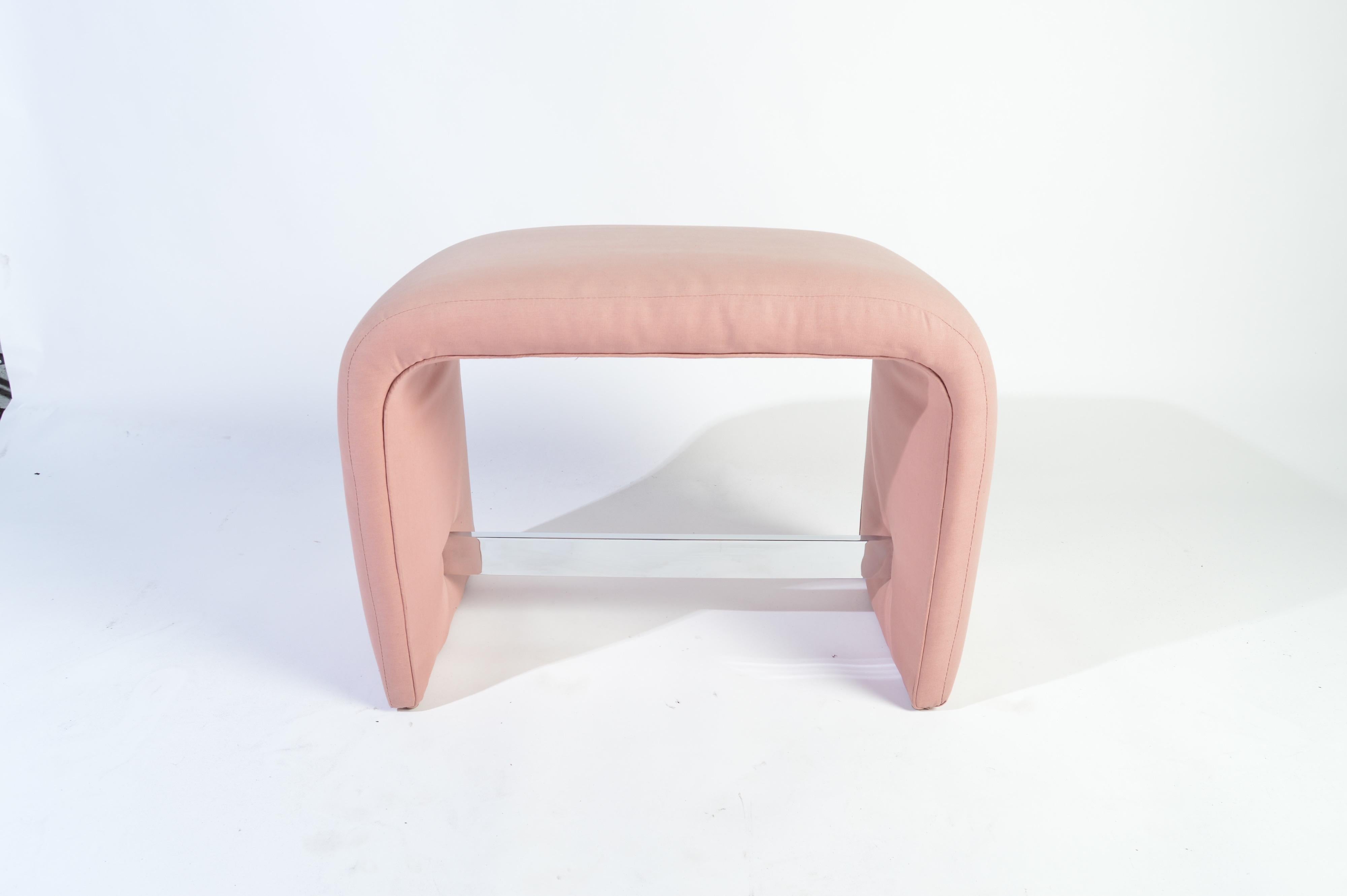 Milo Baughman waterfall ottoman bench having chrome stretcher in original soft pink cotton upholstery. Beautiful condition. Ready for use!