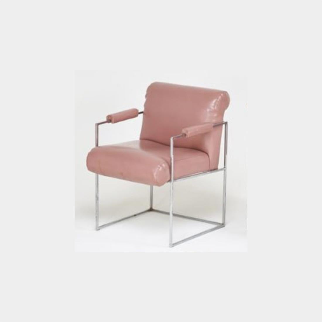 This trendy and stylish set of four (4) Milo Baughman for Thayer Coggins dining chairs are covered in a pink vinyl upholstery.

Excellent option for a breakfast or cafe table, a game table or dining table or can be used in a meeting room or