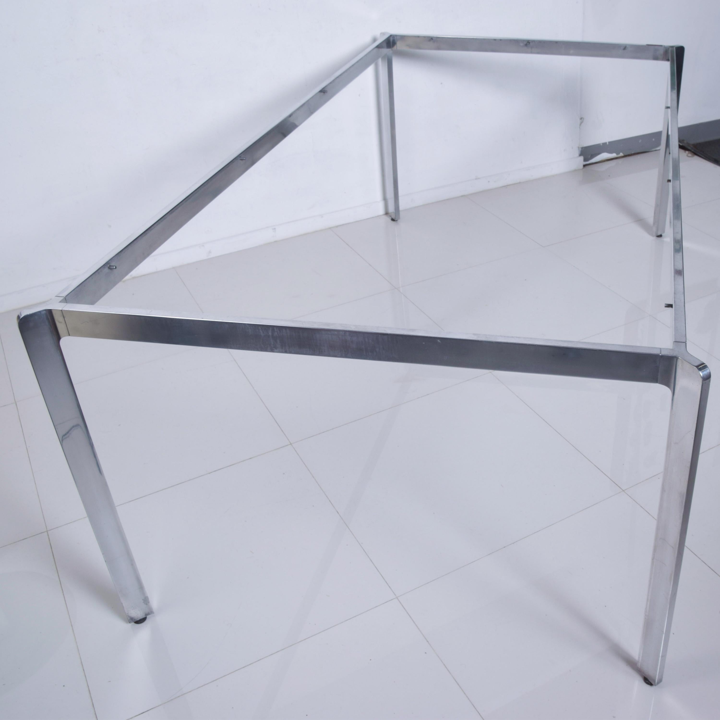 Late 20th Century 1970s Milo Baughman French Glass Dining Table Angular Base in Polished Aluminum