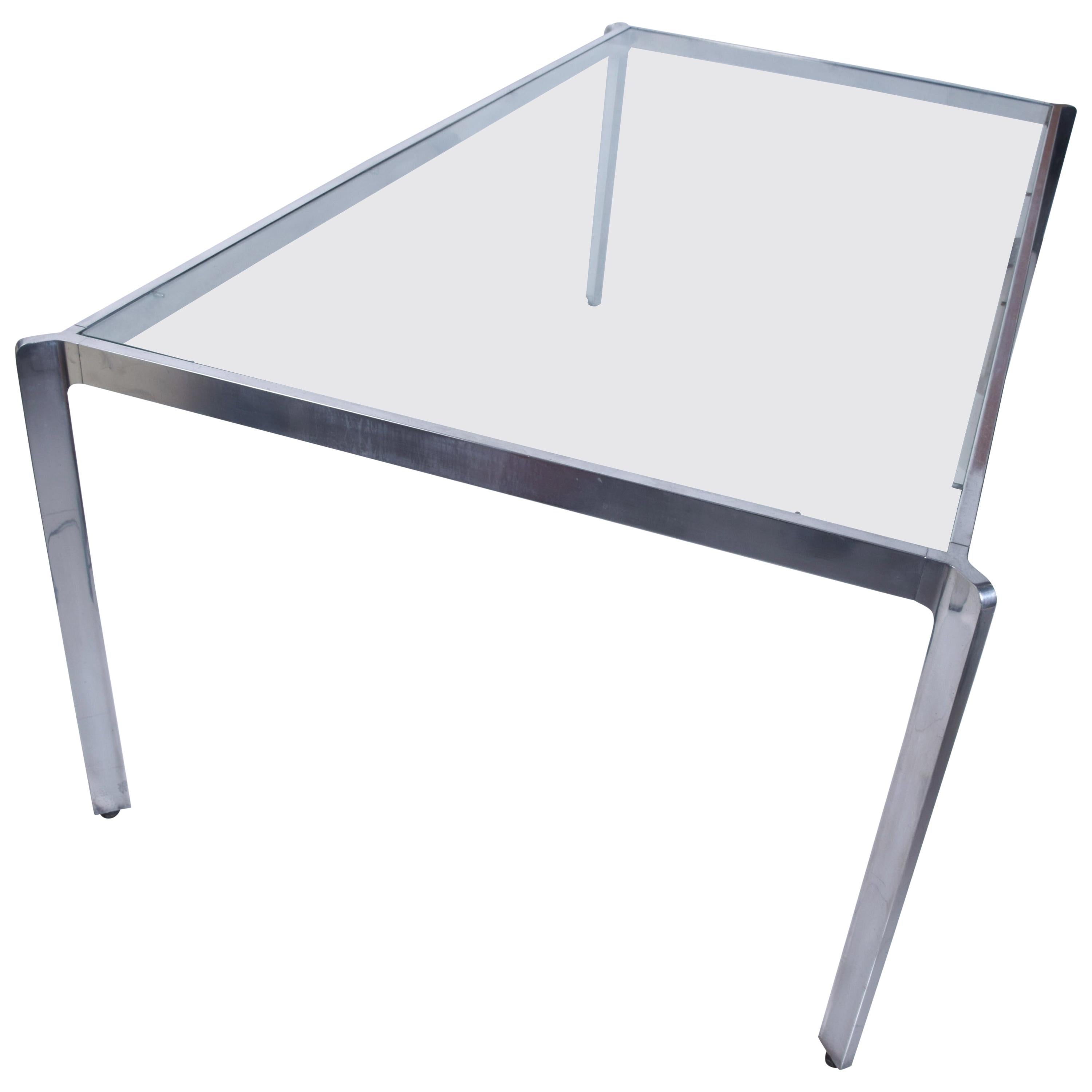 1970s Milo Baughman French Glass Dining Table Angular Base in Polished Aluminum