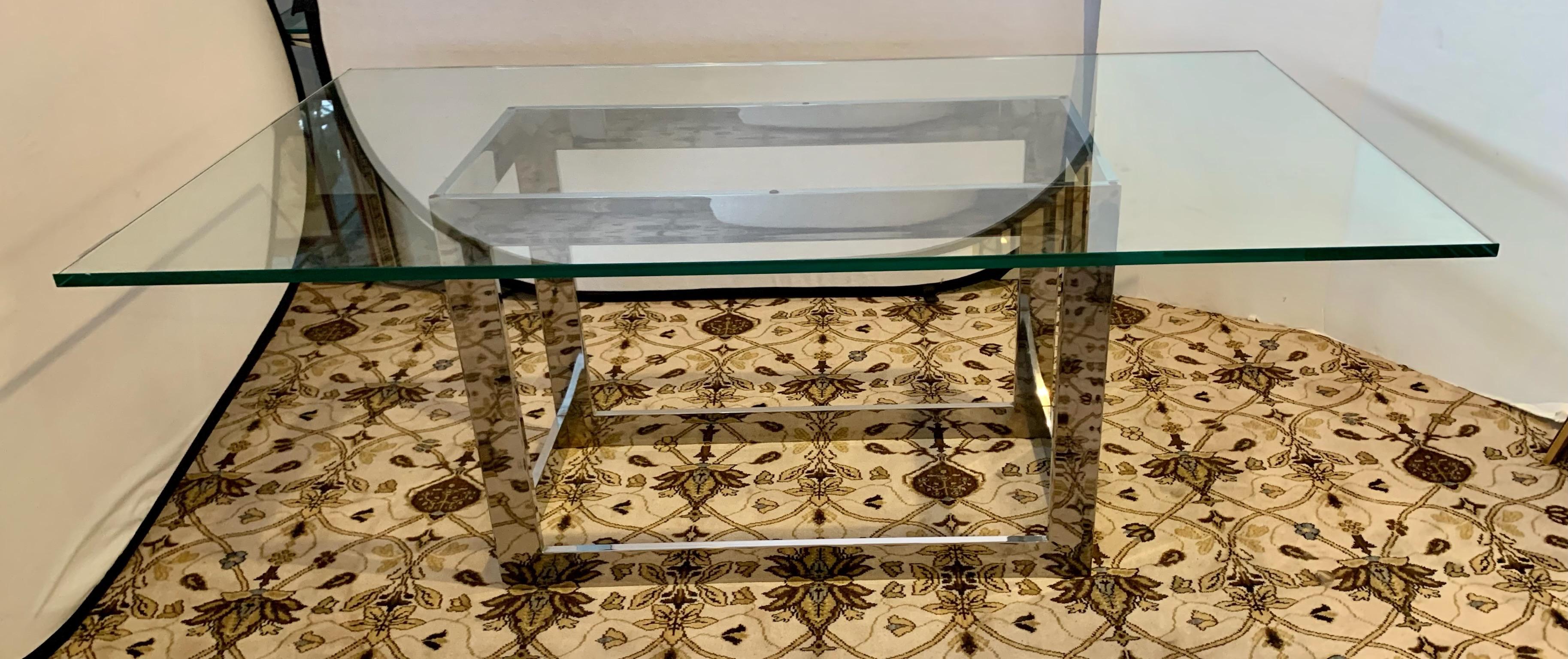 Magnificent, iconic Milo Baughman thick glass and chrome dining table in mint condition. Great scale and better lines. All dimensions are below. Measures: 72
