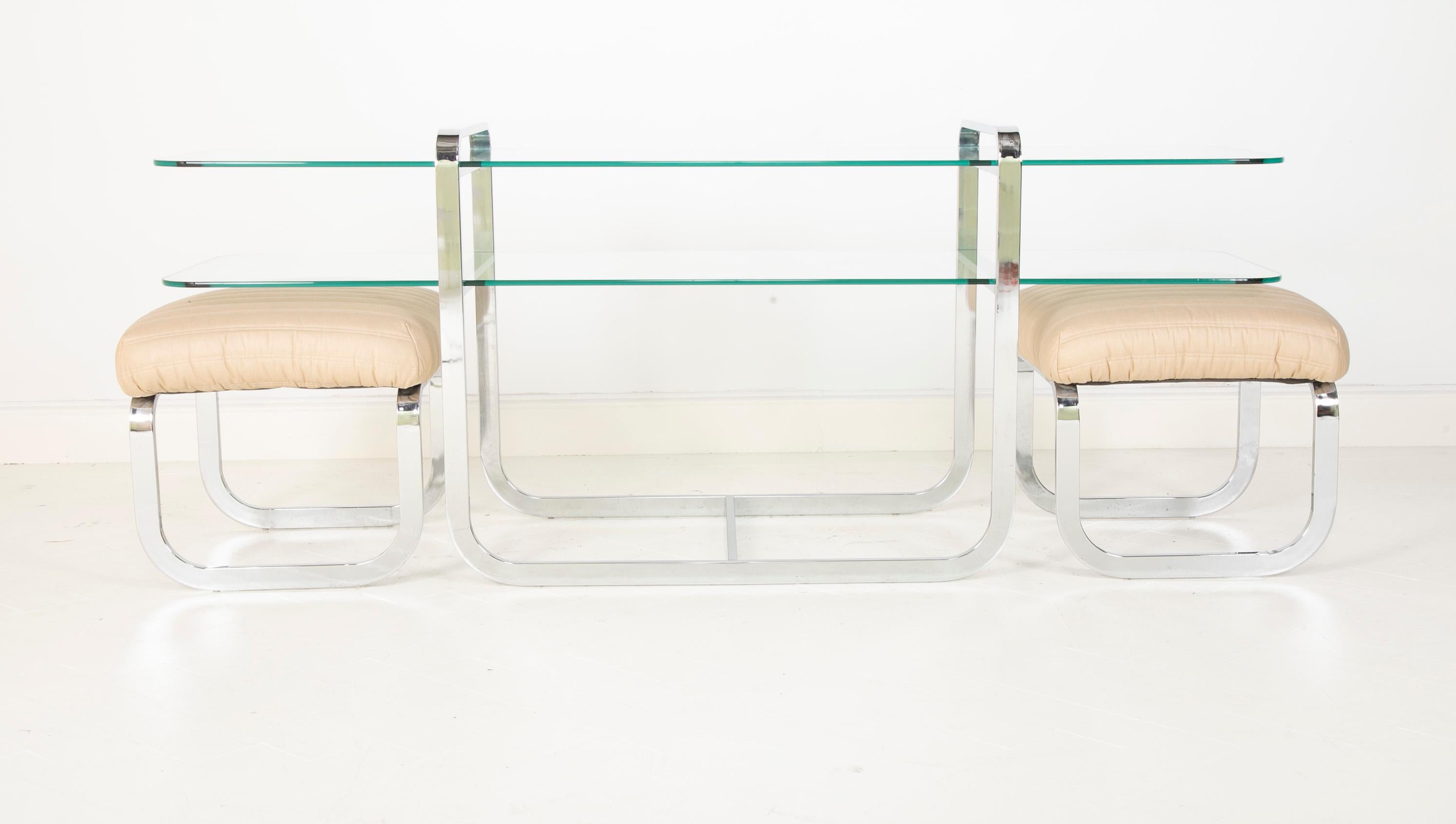 20th Century Milo Baughman Glass Console with Nested Stools
