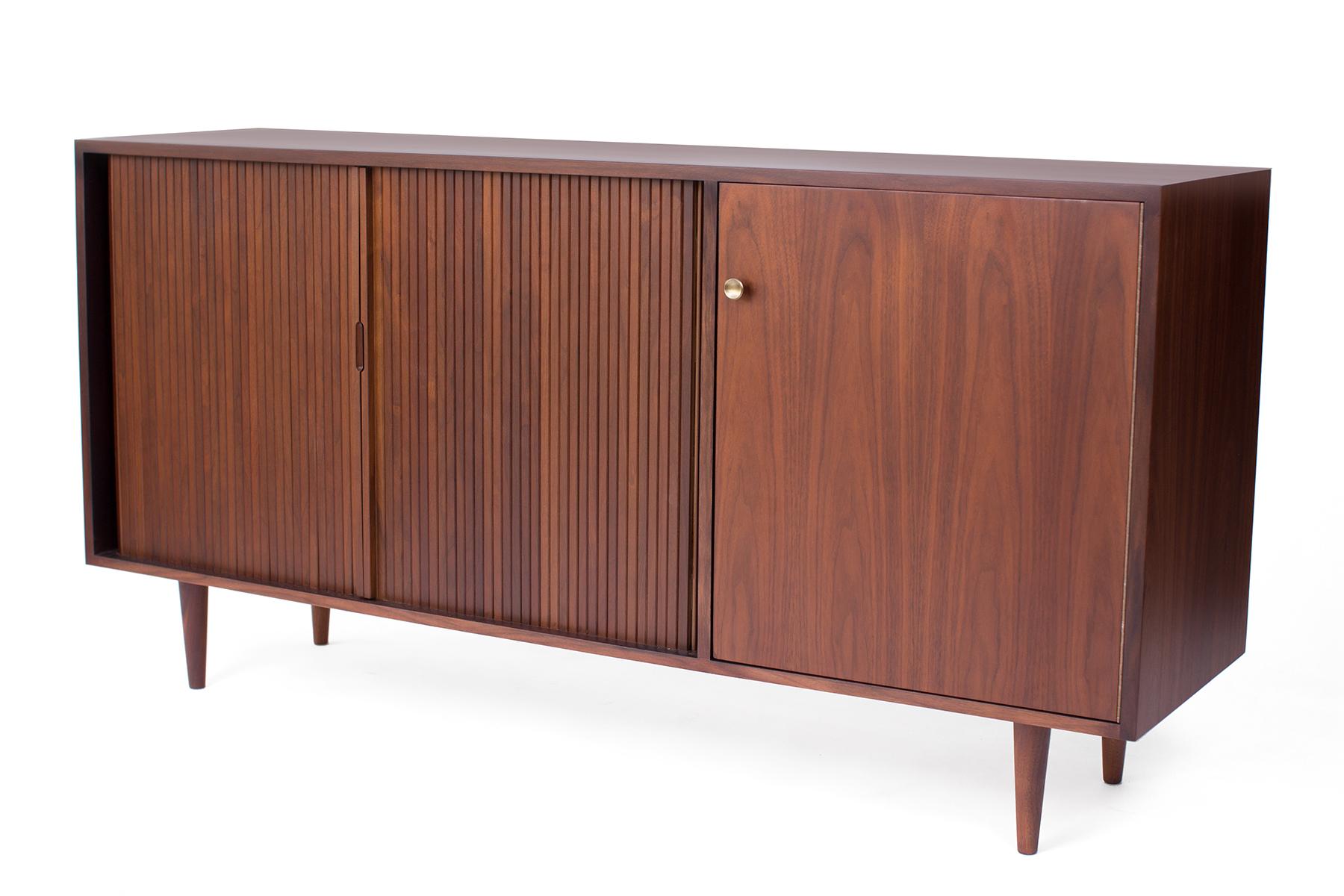Milo Baughman for Glenn of California walnut chest, circa early 1960s. This example has a beautifully grained case with tambour doors and solid tapered walnut legs.