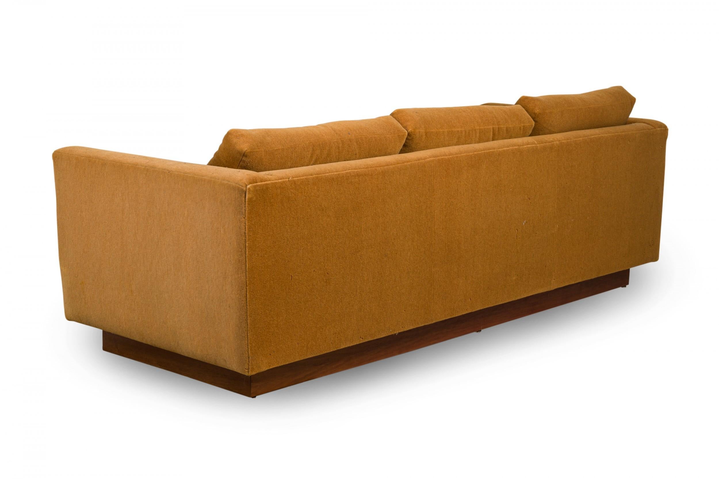American Milo Baughman Gold Fabric Upholstered Floating 'Tuxedo' Sofa For Sale