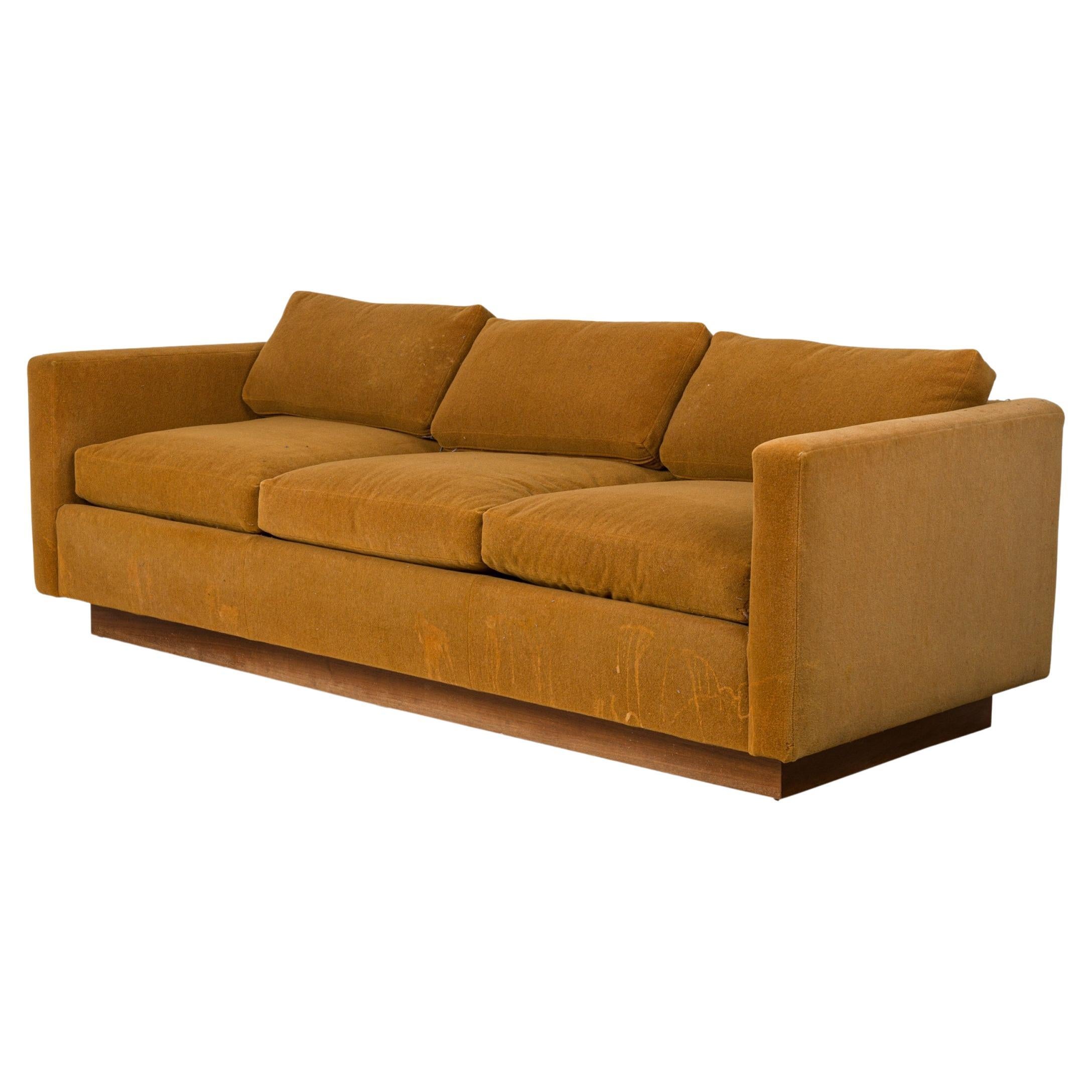 Milo Baughman Gold Fabric Upholstered Floating 'Tuxedo' Sofa For Sale