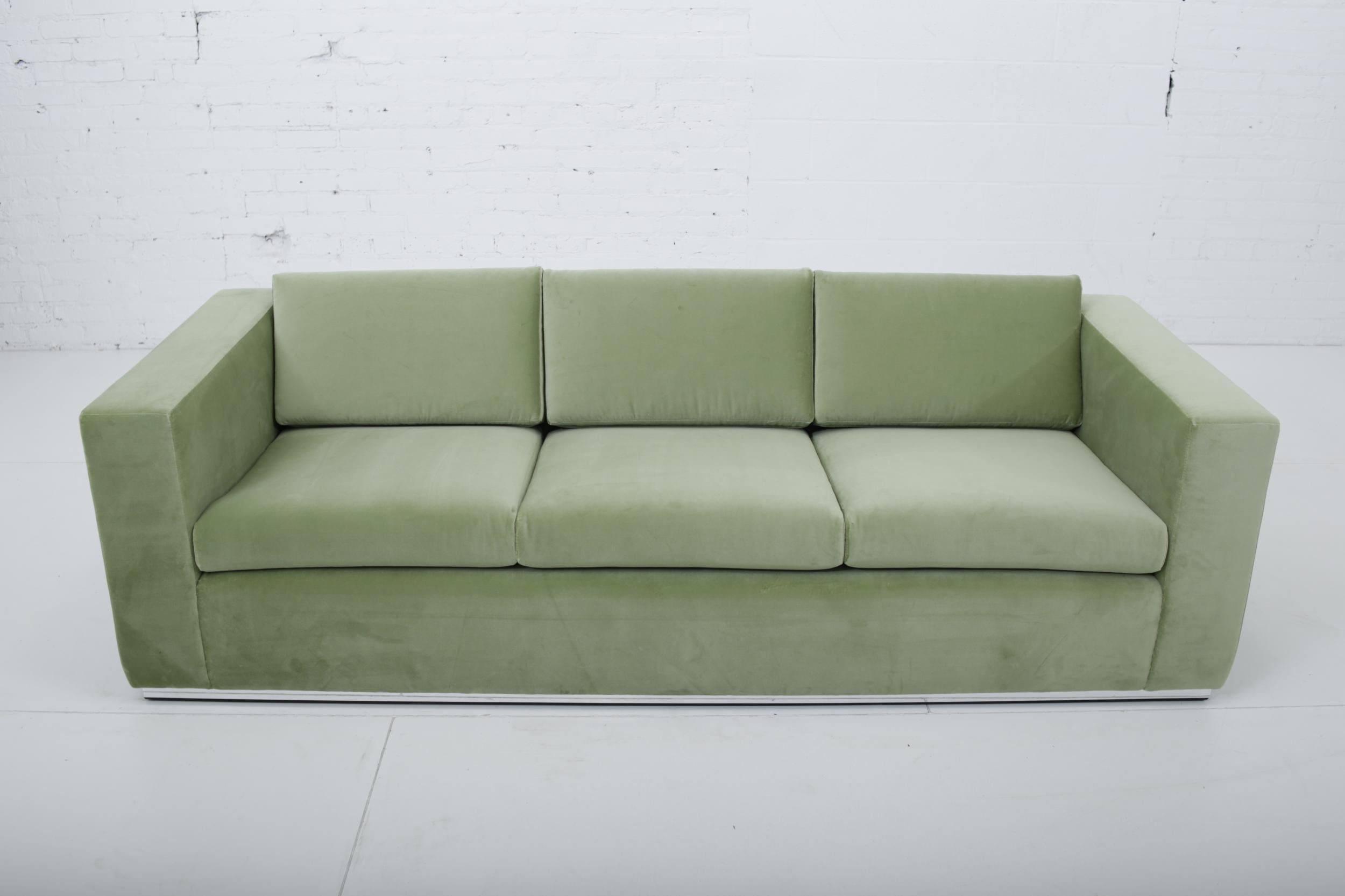 Milo Baughman Sofa on Chrome base Fully restored and reupholstered in green velvet upholstery. Made by Thayer-Coggin, circa 1970.