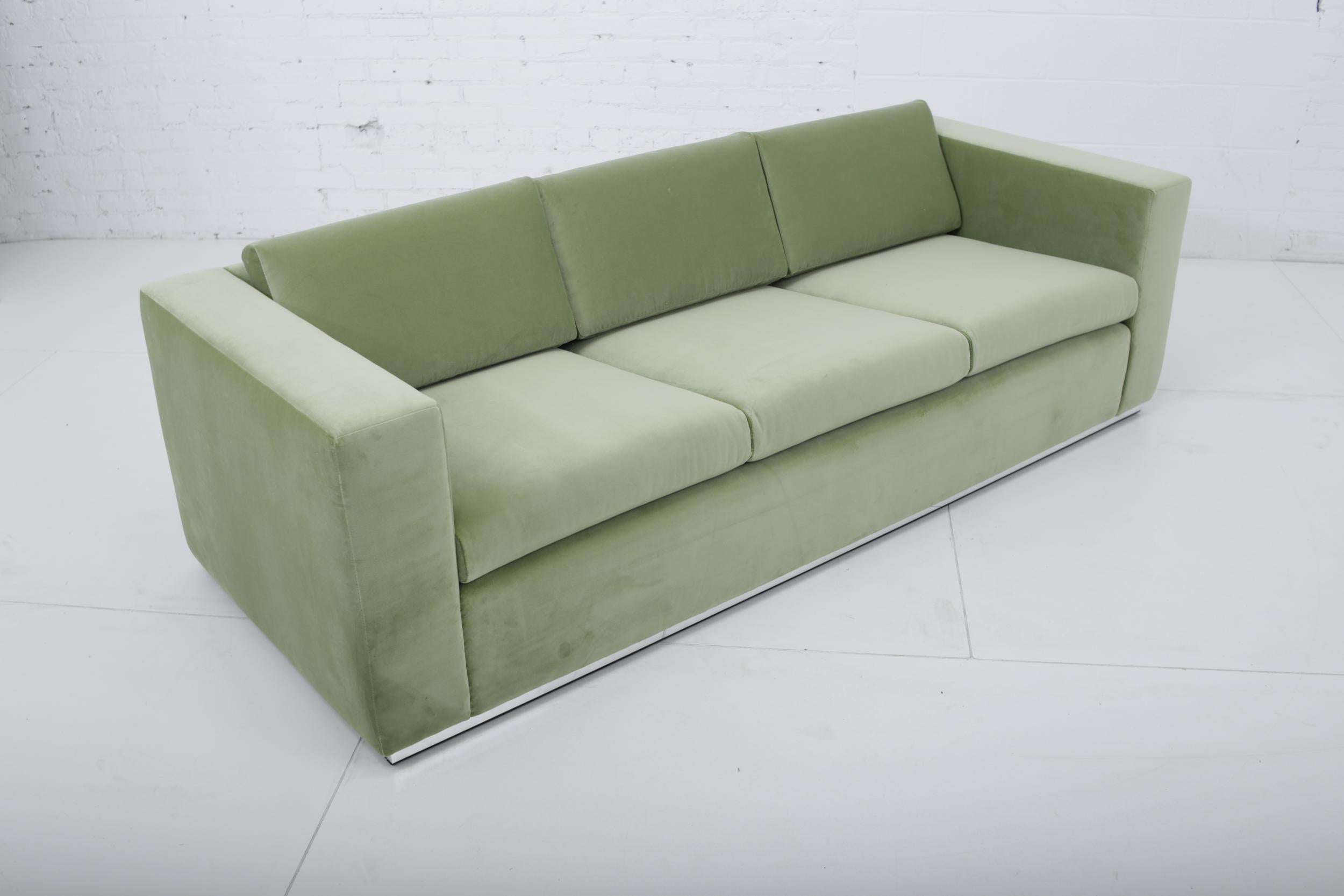 Mid-Century Modern Milo Baughman Green Velvet Sofa on Chrome Base, 1970