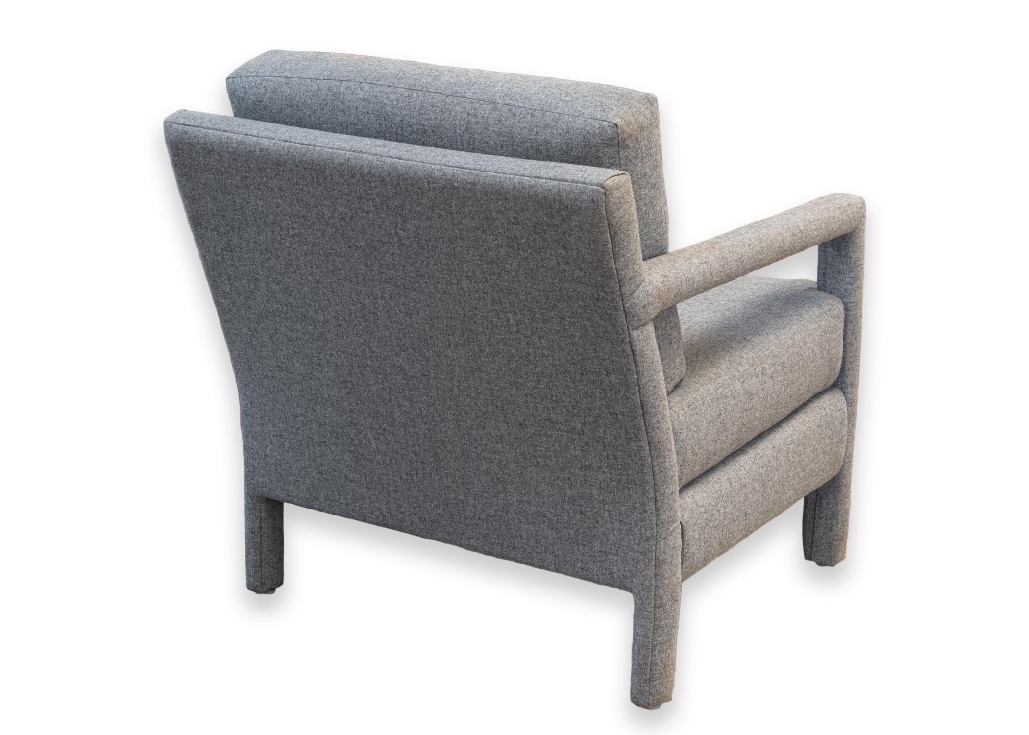 Milo Baughman Grey Blue Upholstered Parsons Contemporary Modern Accent Chair In Good Condition In Keego Harbor, MI