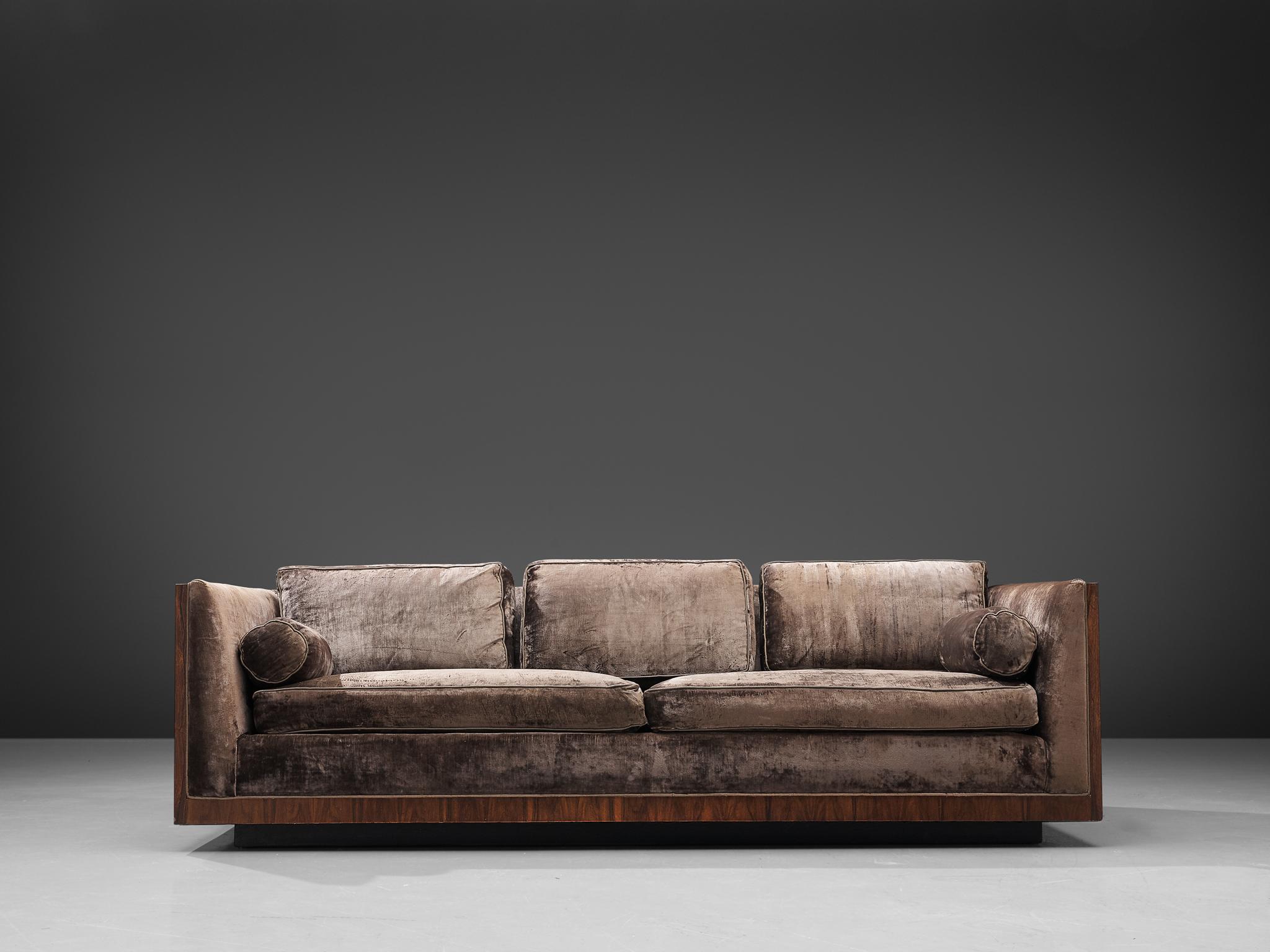 American Milo Baughman Grey Velvet and Rosewood Sofa