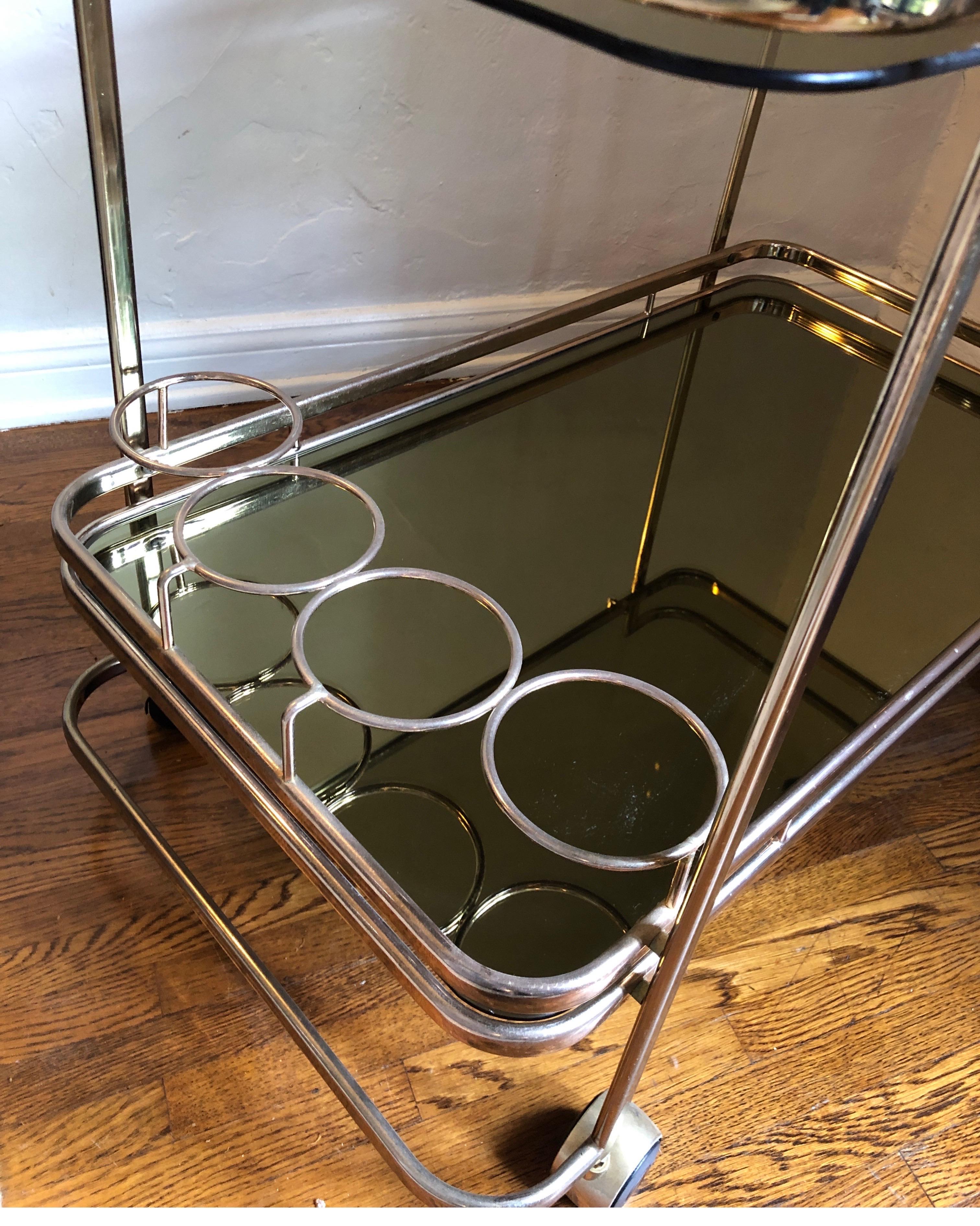 Milo Baughman Hollywood Regency Brass Bar Cart, Smoked Glass and Mirror In Good Condition In Los Angeles, CA