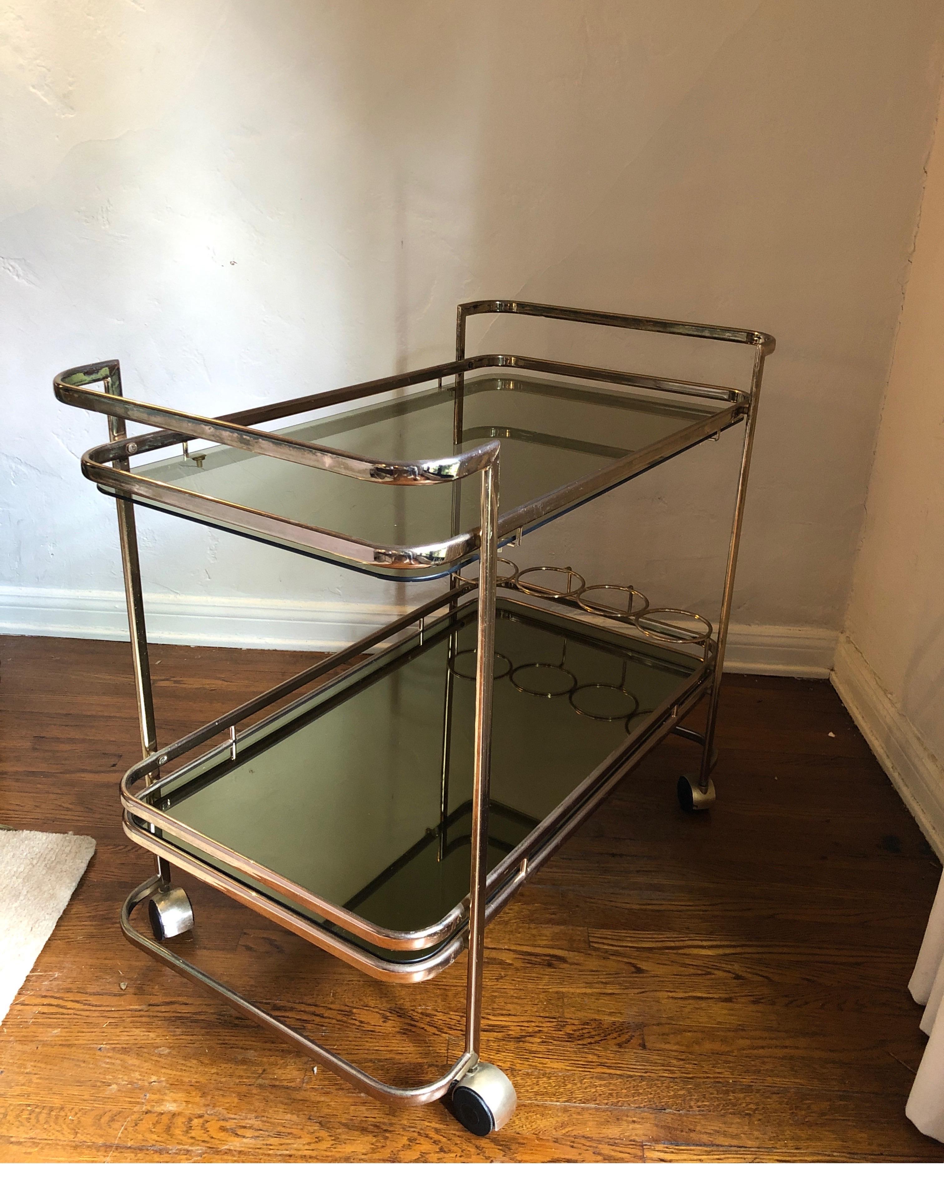 Milo Baughman Hollywood Regency Brass Bar Cart, Smoked Glass and Mirror 3