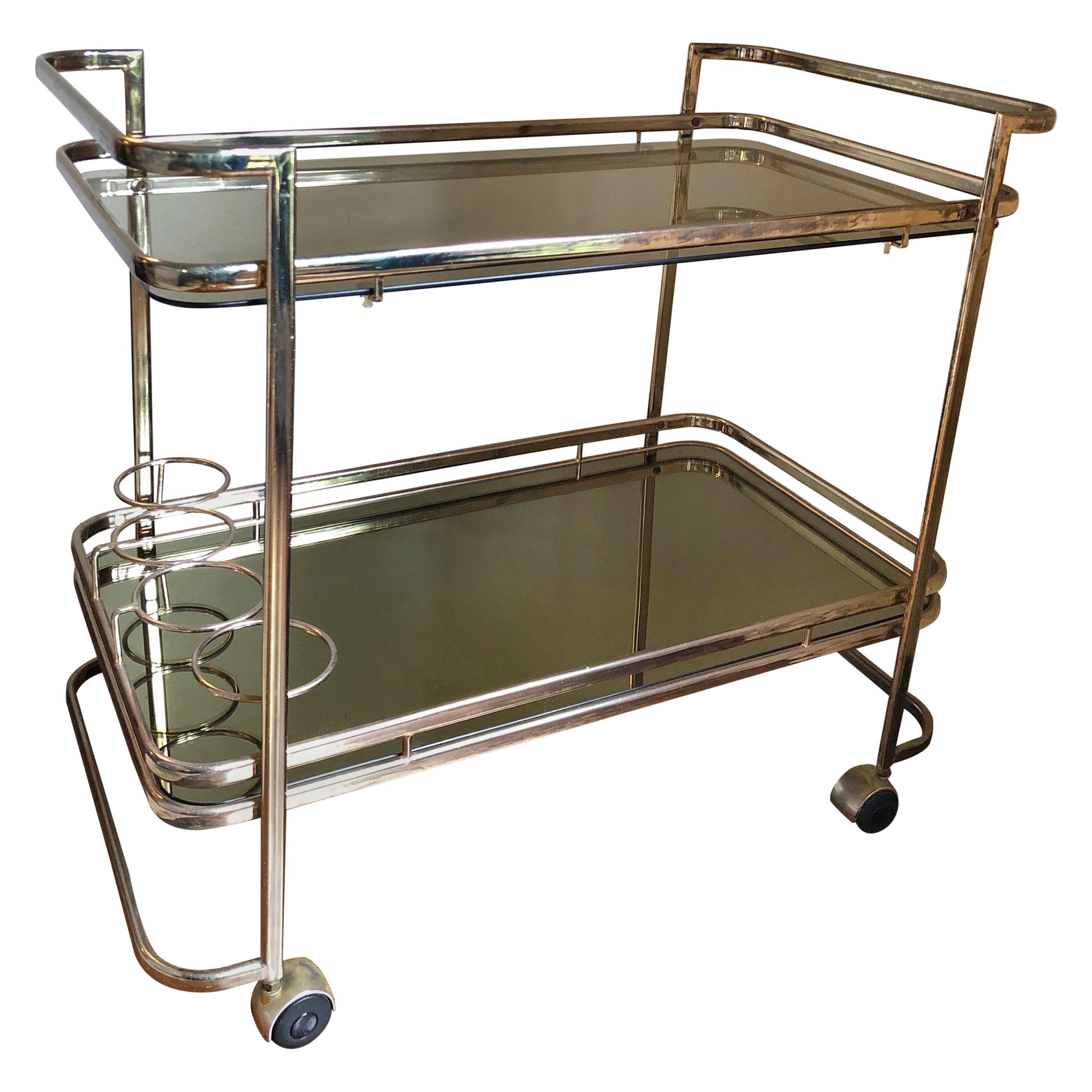 Milo Baughman Hollywood Regency Brass Bar Cart, Smoked Glass and Mirror